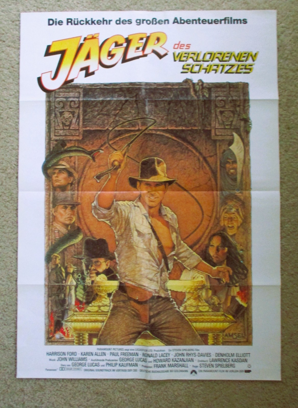 RAIDERS OF THE LOST ARK ORIG R82 GERM A1 POSTER FLD HARRISON FORD AMSEL ART EX