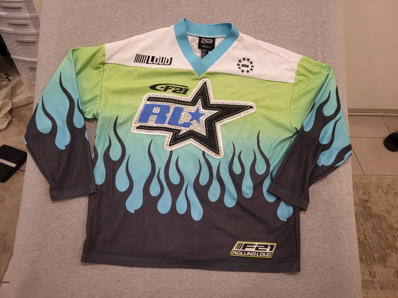 Rolling Loud x Forever 21 RL Oversized Jersey XS Green Mesh Moto Cross Music