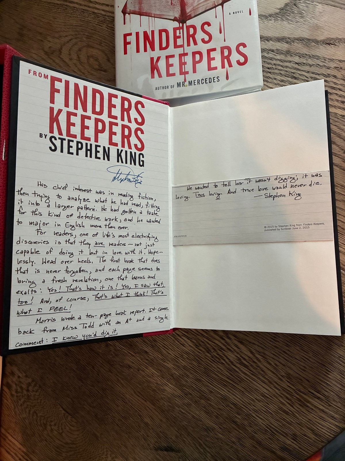 STEPHEN KING’S FINDERS KEEPERS..HAS SIGNED LETTER..FULL LETTER OF AUTHENTICATION