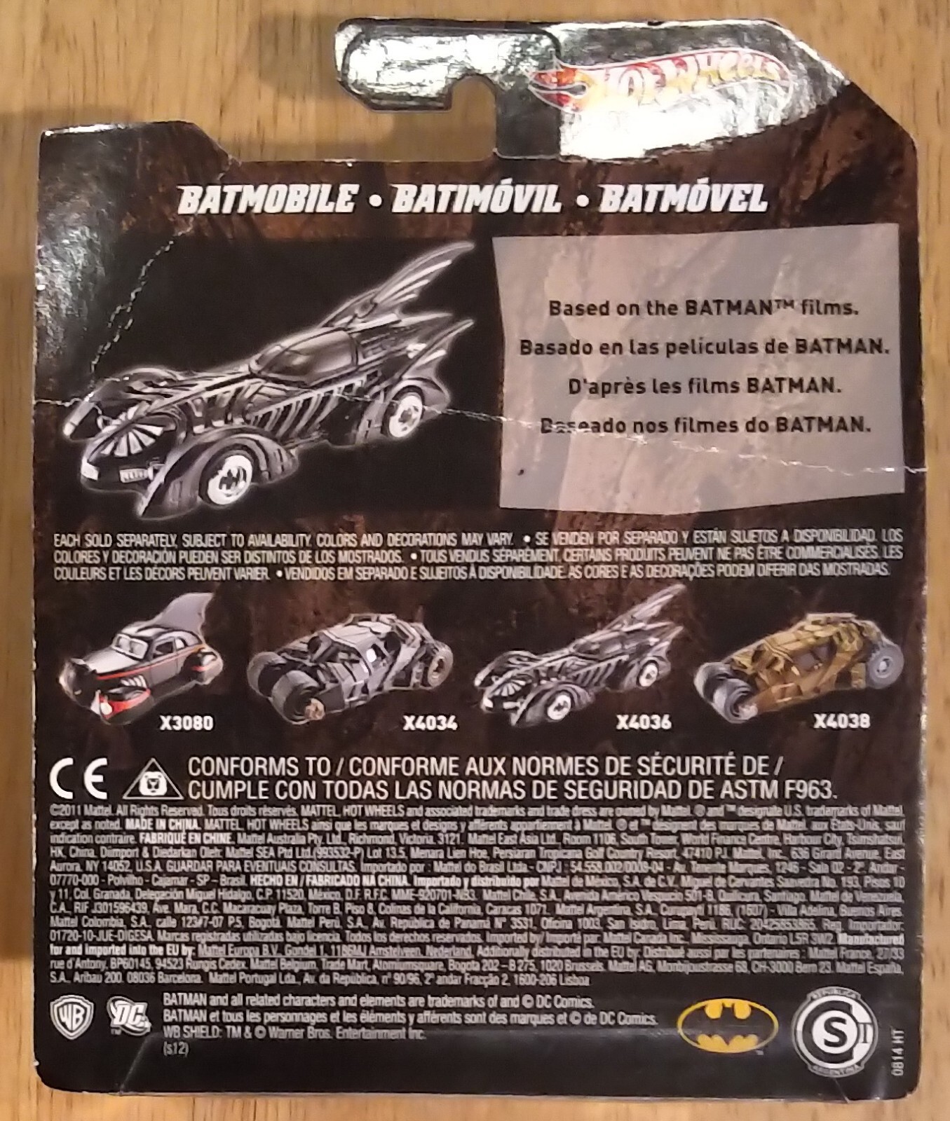 HOT WHEELS BATMOBILE, BATMAN FOREVER DESIGN, X4036, SOME CARDBOARD DAMAGE, NEW