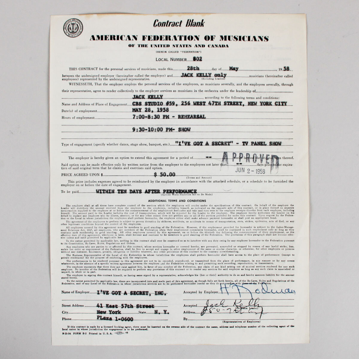 Jack Kelly Signed Contract – COA JSA