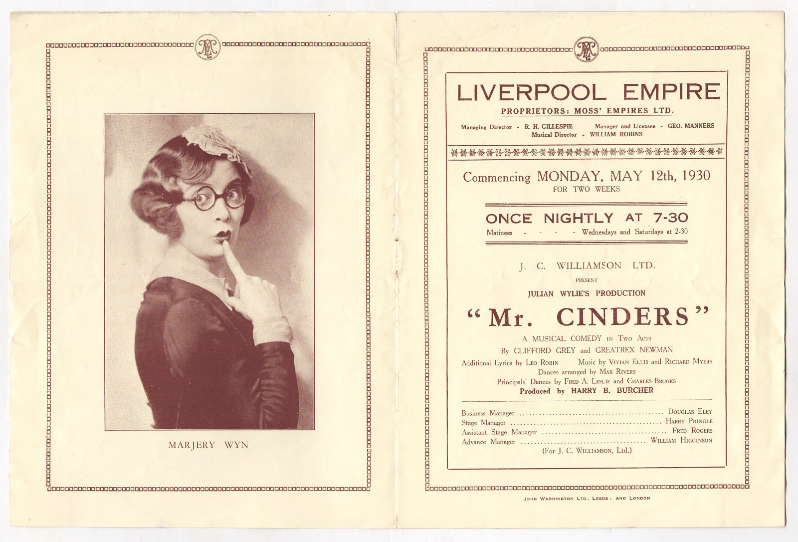 Leslie French “MR. CINDERS” Clifford Grey / Vivian Ellis 1930 Liverpool Program