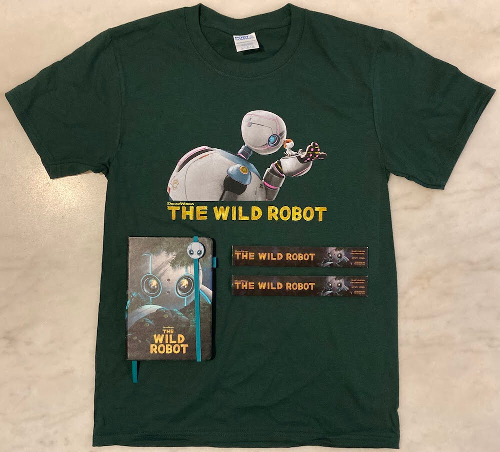 THE WILD ROBOT (2024) Movie Promo Items: Shirt, Journal, Sunflower Pencils; RARE