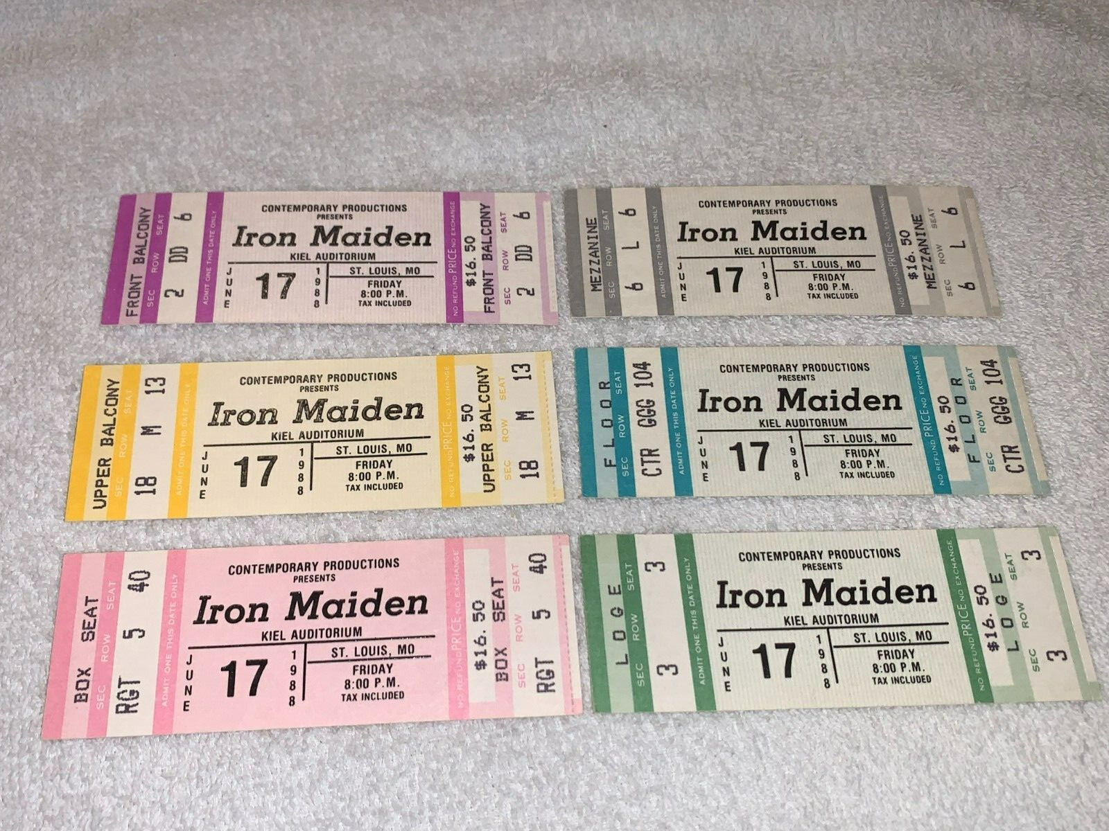 IRON MAIDEN 6 UNUSED 1988 CONCERT TICKET LOT KIEL OPERA HOUSE ST LOUIS METAL USA