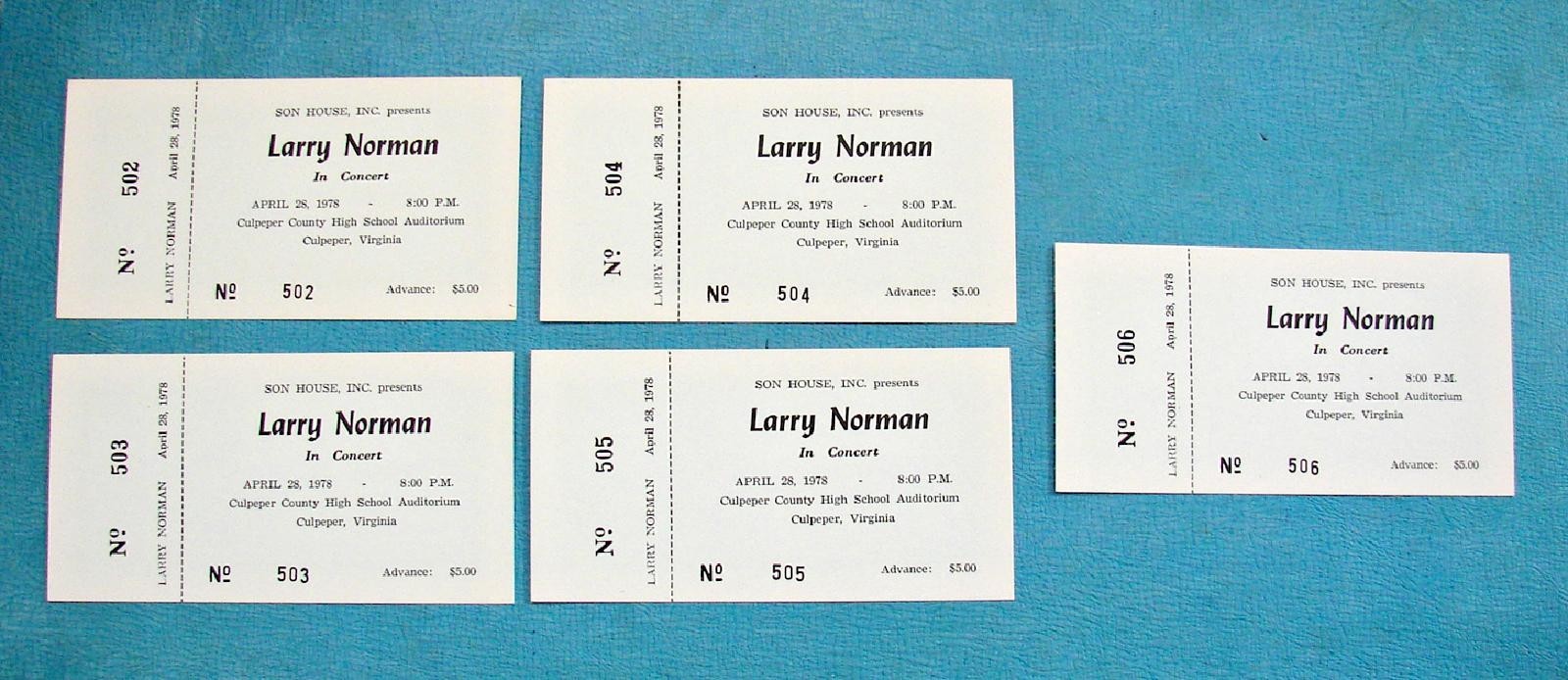 (5) 1978 Larry Norman Concert Tickets Christian Rock @ Culpeper High School Va.