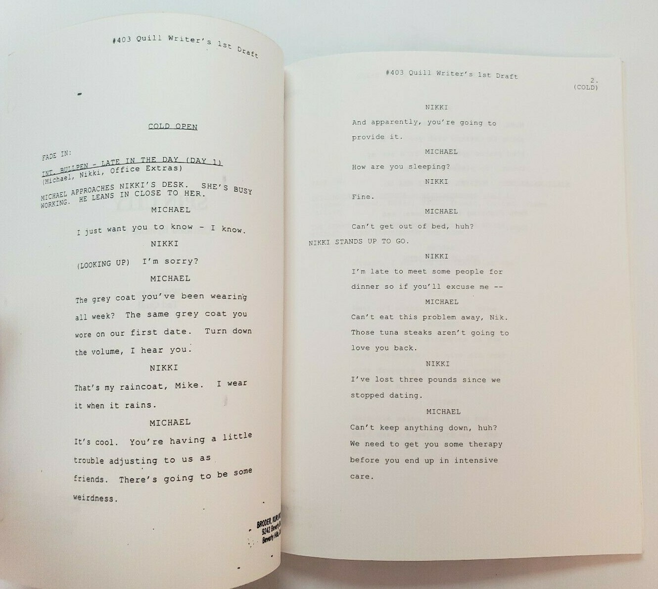 SPIN CITY / Tad Quill TV Script, Writer’s 1st Draft “Untitled Episode #403”