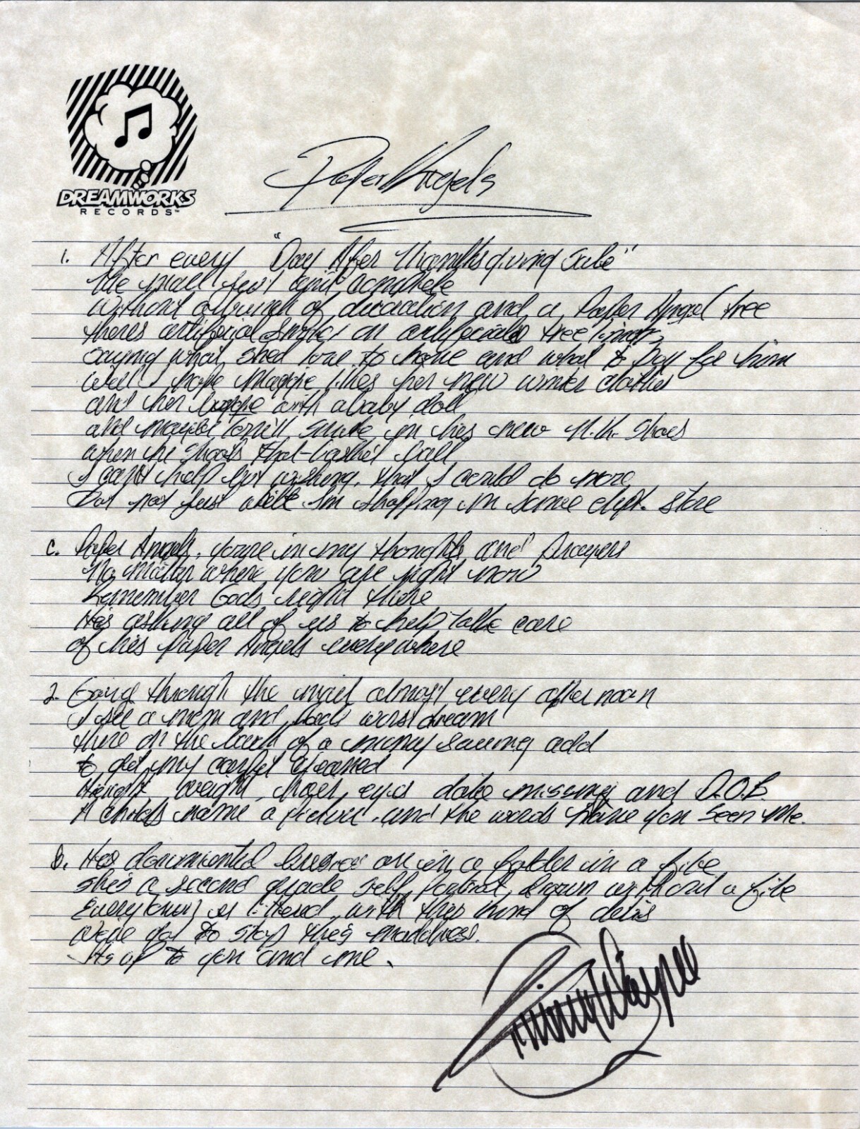 Jimmy Wayne “Paper Angels” Autographed Lyric Sheet Dreamworks Records
