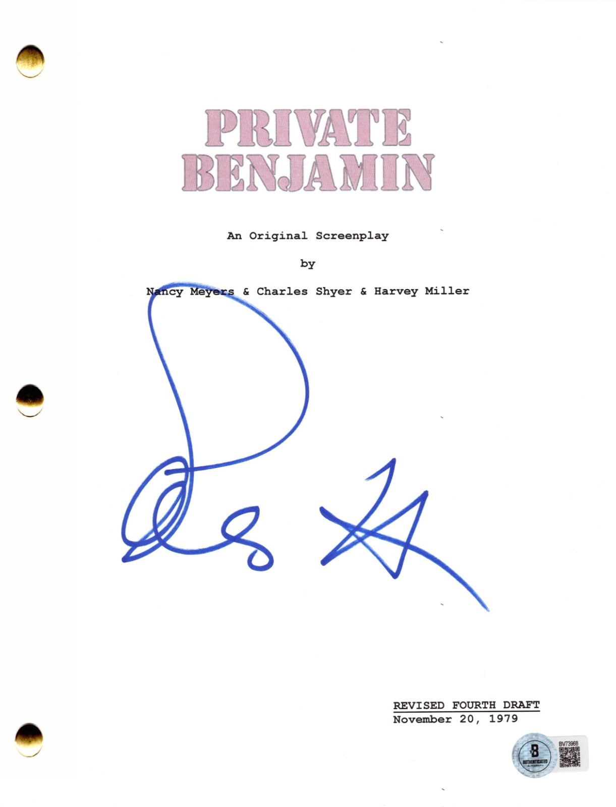 Goldie Hawn Signed Private Benjamin Full Script Authentic Autograph Beckett