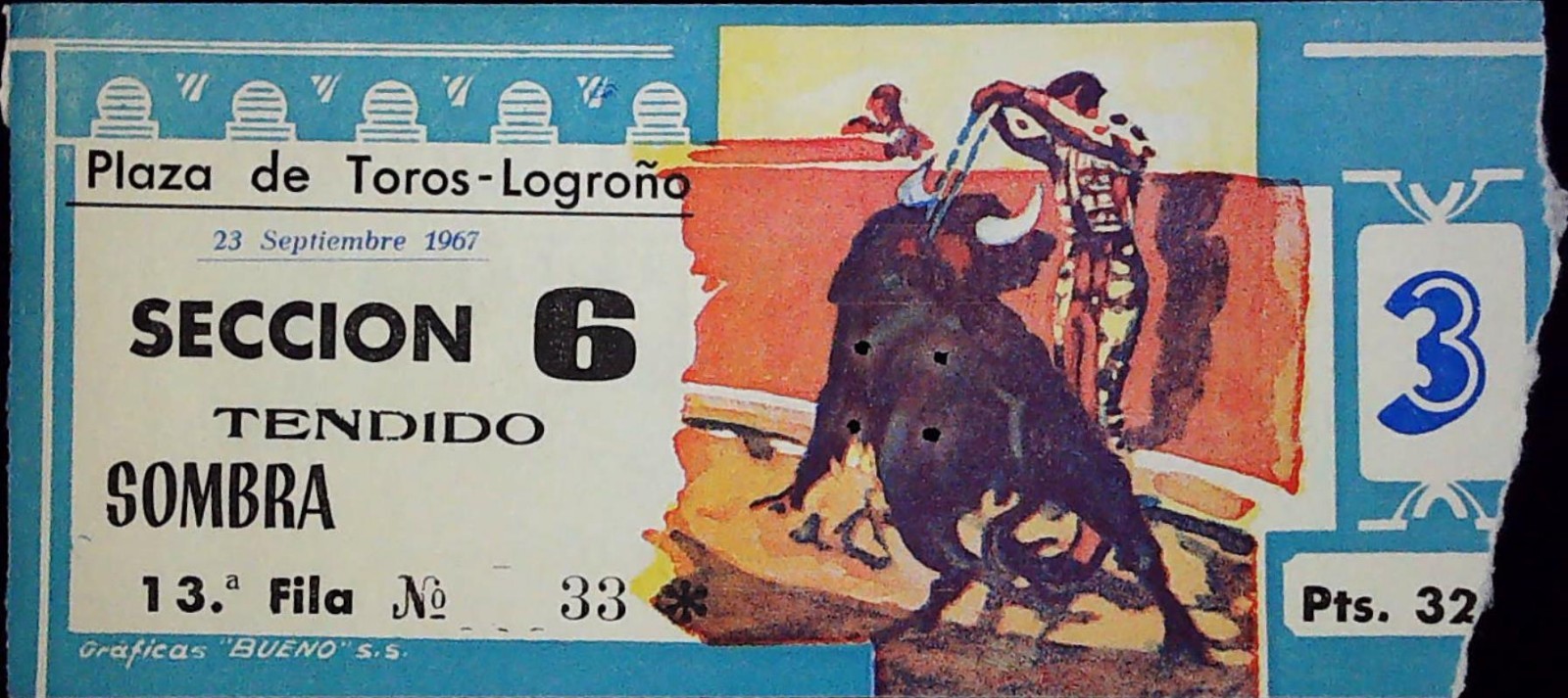 Plaza de Toros Logrono Bull Fight Ticket Stub La Rioja Spain Sombra 9/23/1967