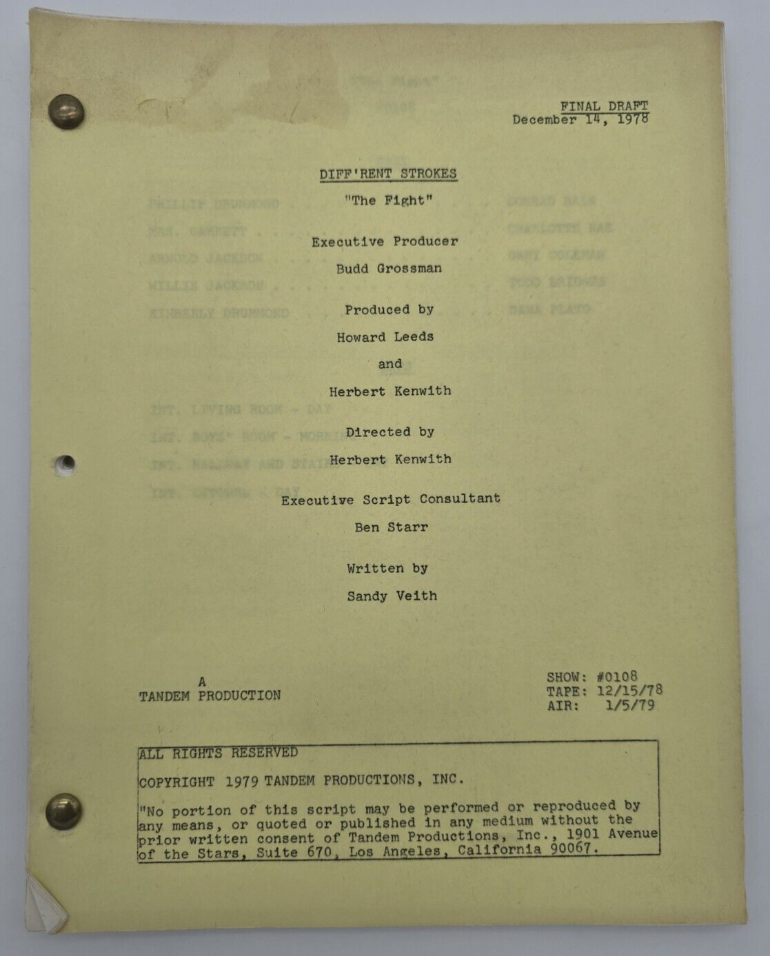 DIFF’RENT STROKES / Sandy Veith 1978 TV Script, Conrad Bain “The Fight”