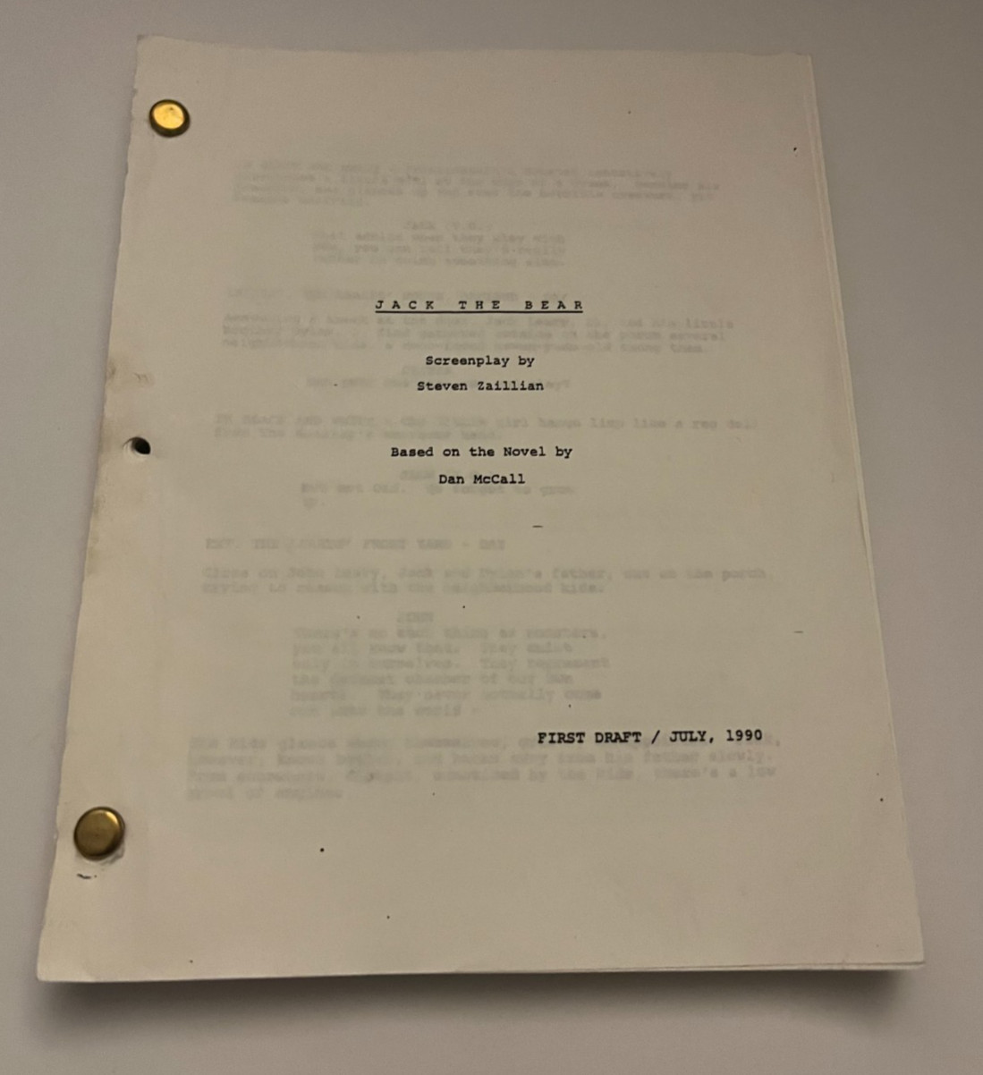 Jack The Bear 1990 First Draft Movie Script Steven Zaillian Reproduction
