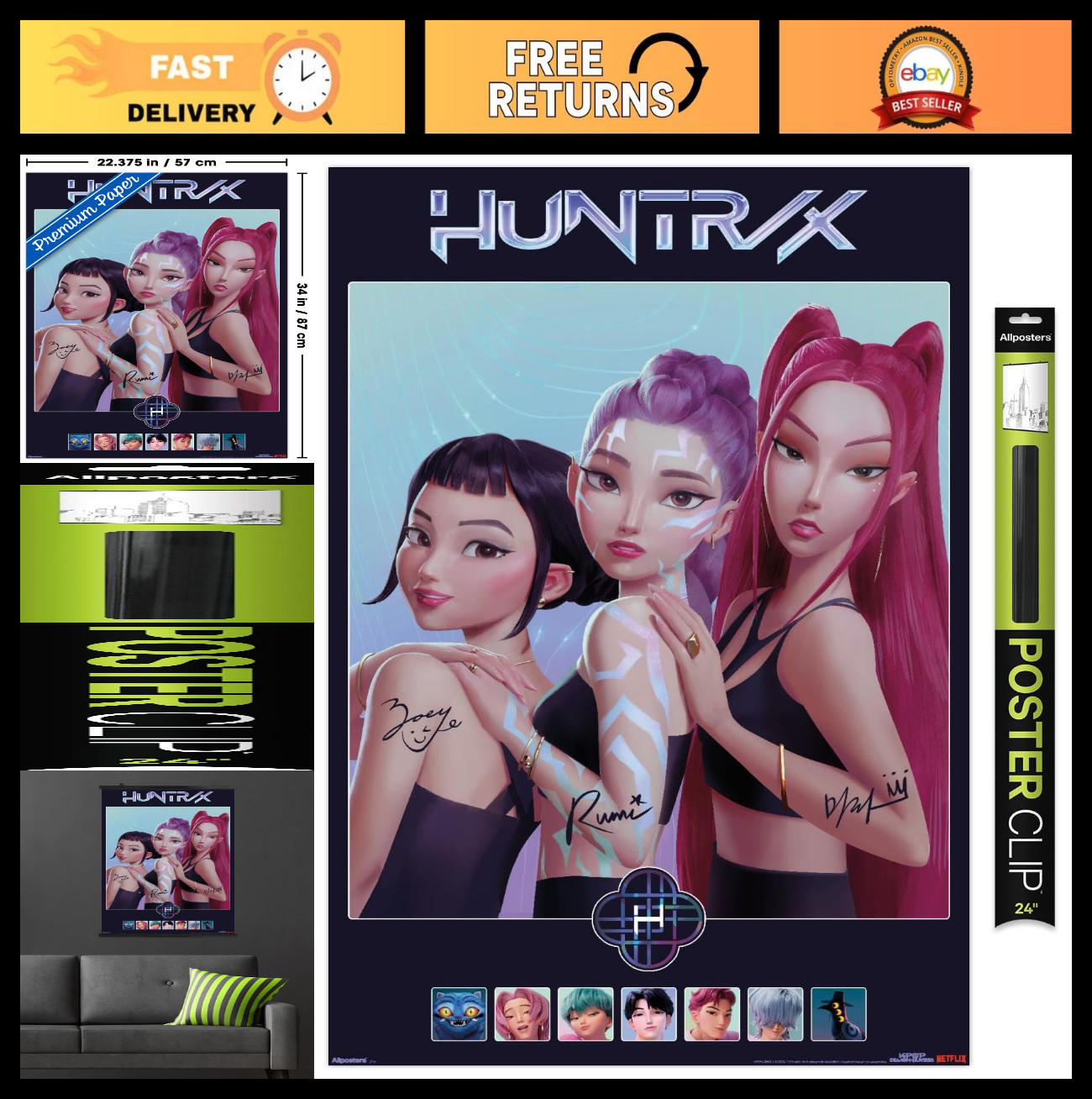 KPop Demon Hunters Wall Poster 34″x22.4″ – Premium Clip Bundle for Fans