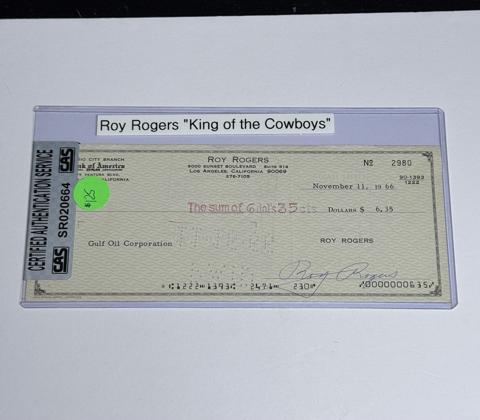 Roy Rogers “King Of The Cowboys” Signed Bank Check CAS SR020664