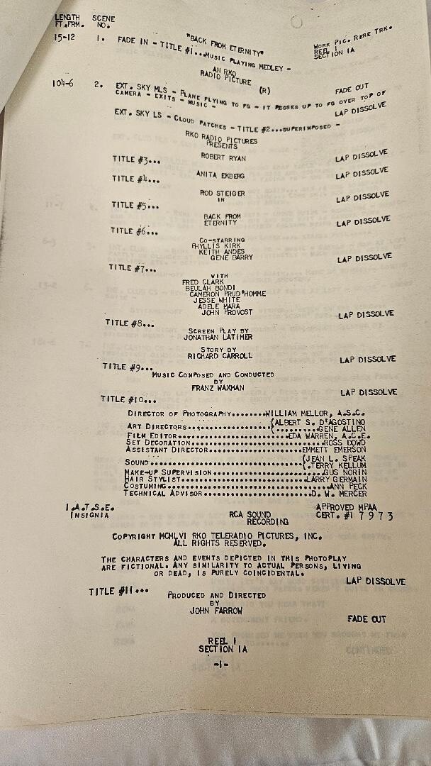 Vintage Hollywood Movie Script- Cutting Continuity on “Back From Eternity”
