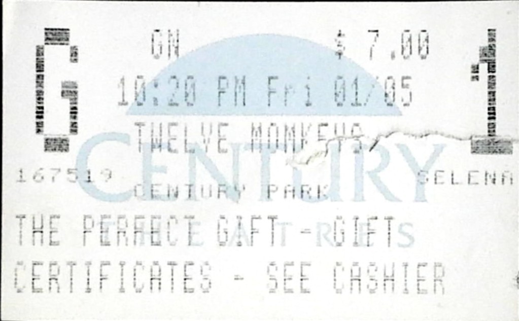 12 Monkeys Movie Ticket Stub Century Theatres Brad Pitt Sci Fi Thriller 1/5/1996