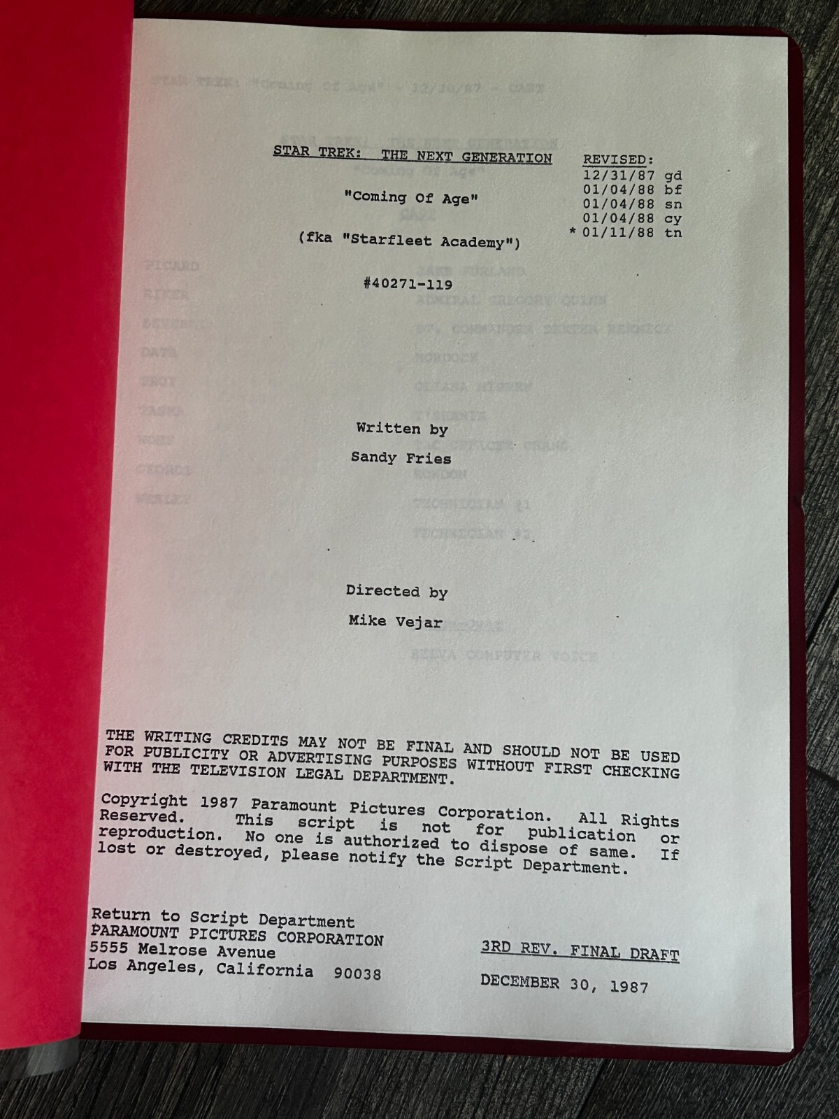 STAR TREK Script The Next Generation Coming Of Age 3rd Revision Final Draft 1987