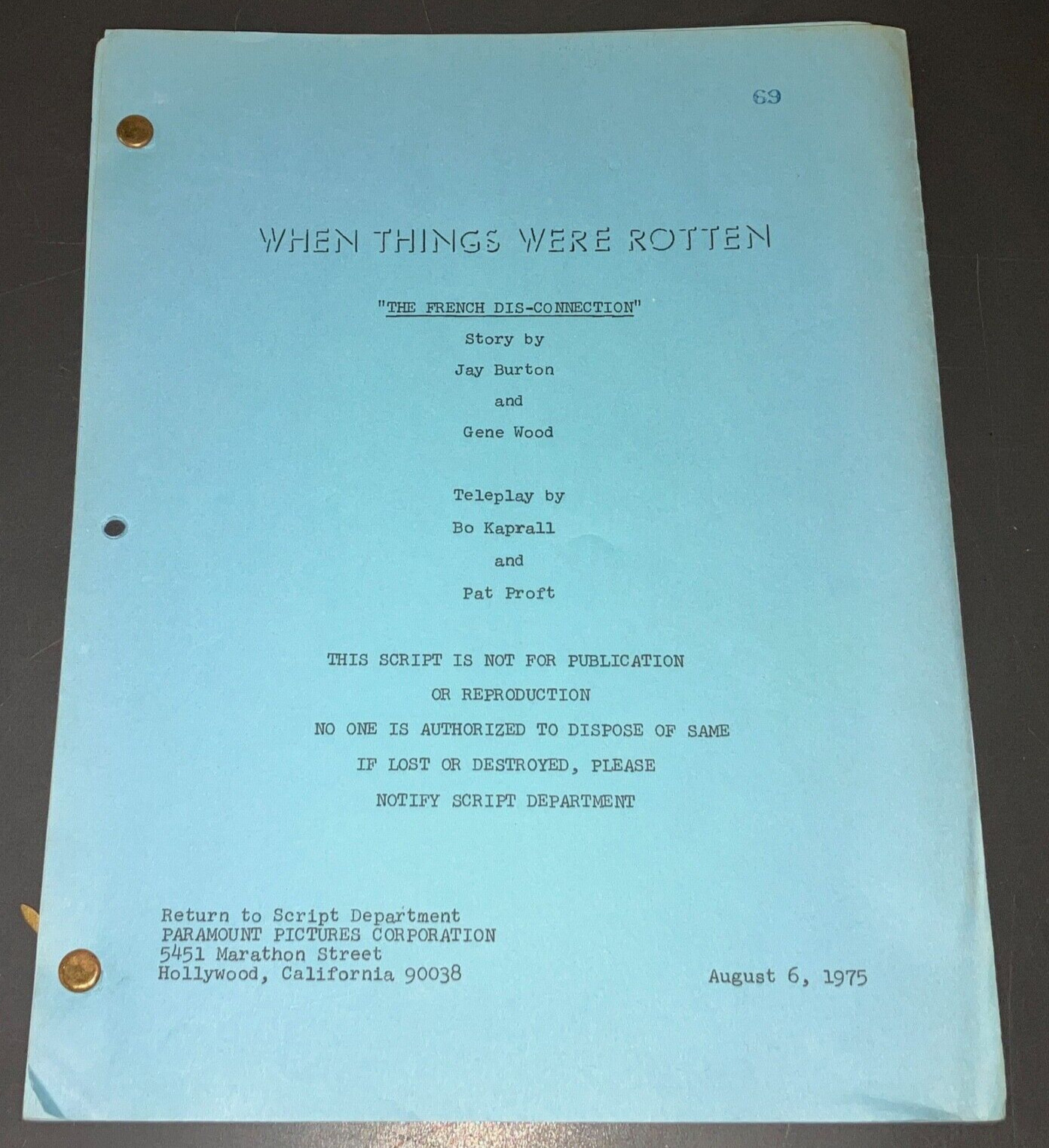 WHEN THINGS WERE ROTTEN 1975 Mel Brooks Original TV Script Blue Revision COA