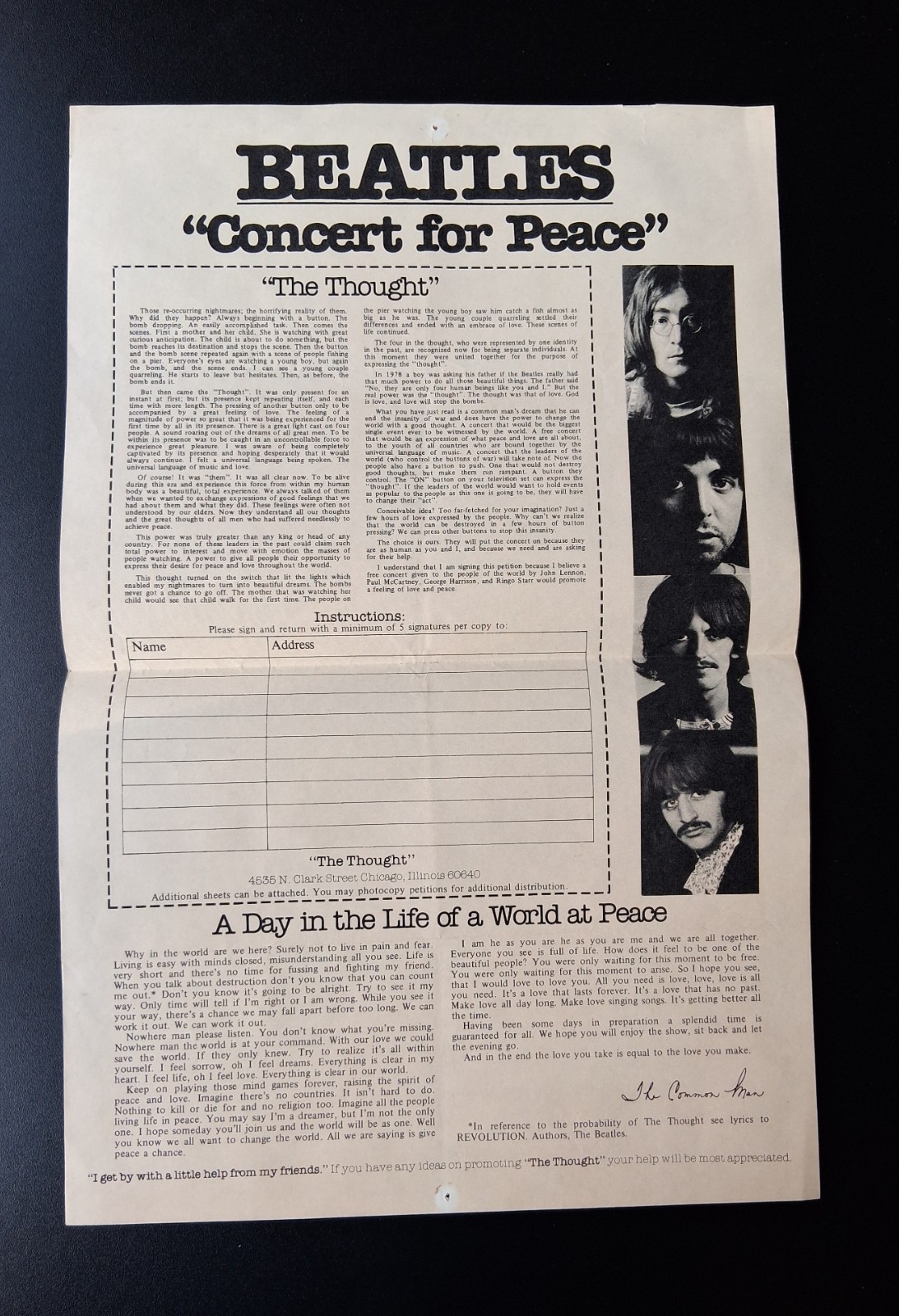 The Beatles Original Concert For Peace 11 x 17 Thought Petition Flyer Chicago IL