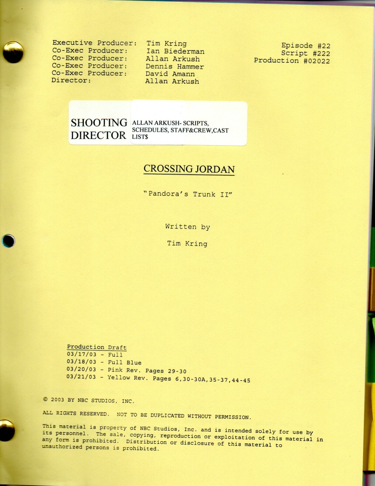 CROSSING JORDAN script ALLAN ARKUSH original directors personal script COA S2E22