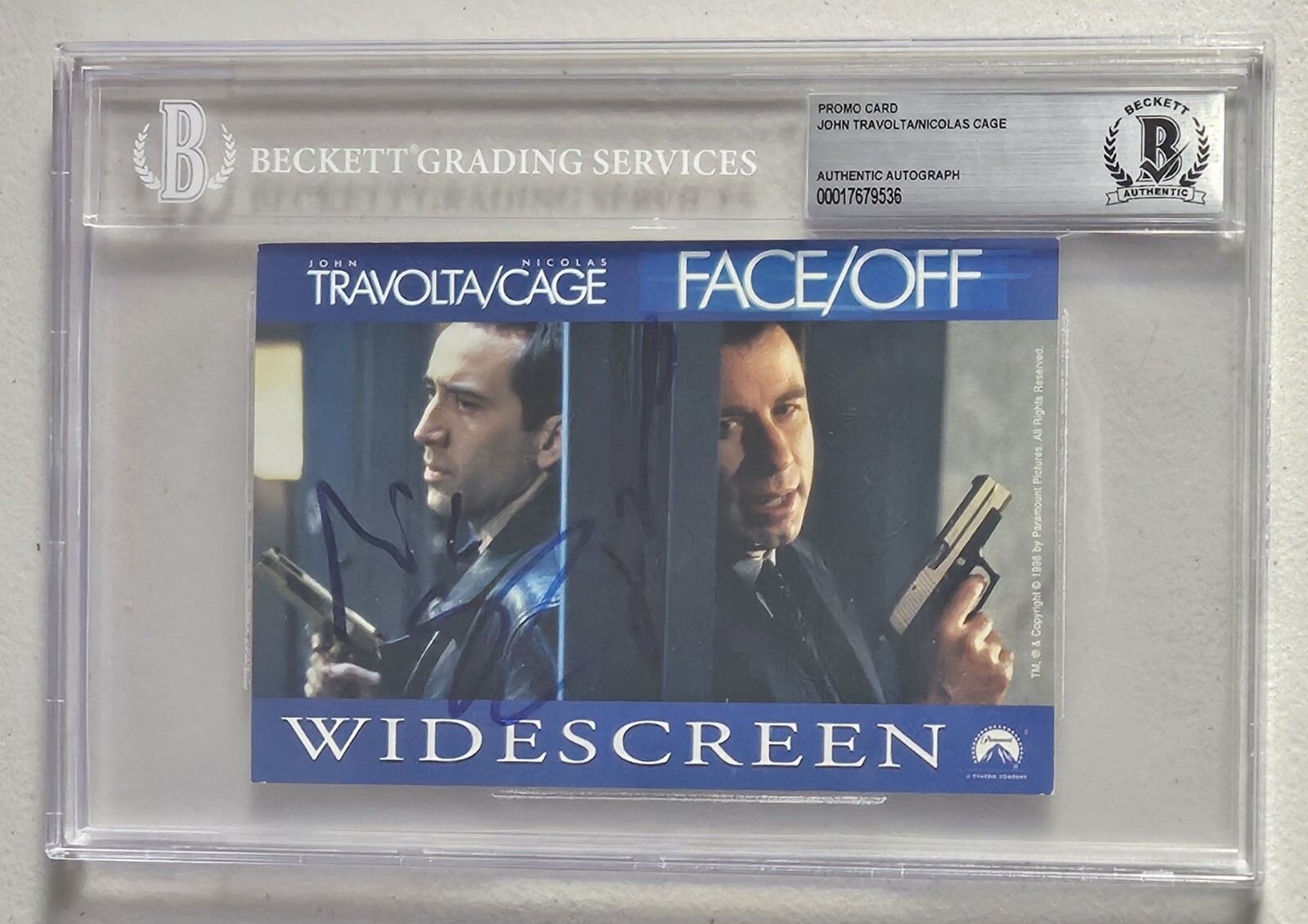 Nicholas Cage And John Travolta Signed “Face Off” Promo Photo Card BAS Beckett