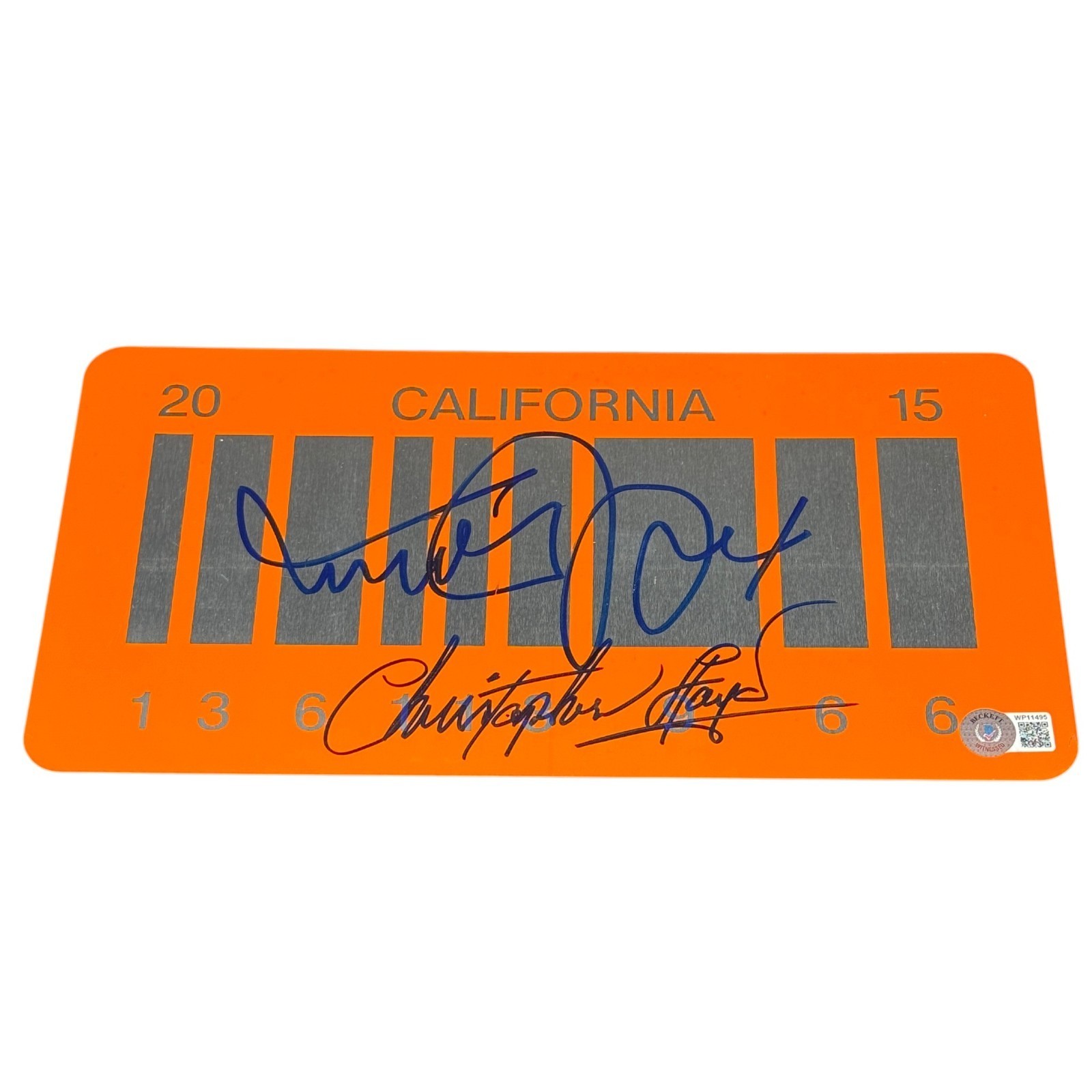 Michael J Fox + Christopher Lloyd Signed Orange License Plate BTTF Beckett COA