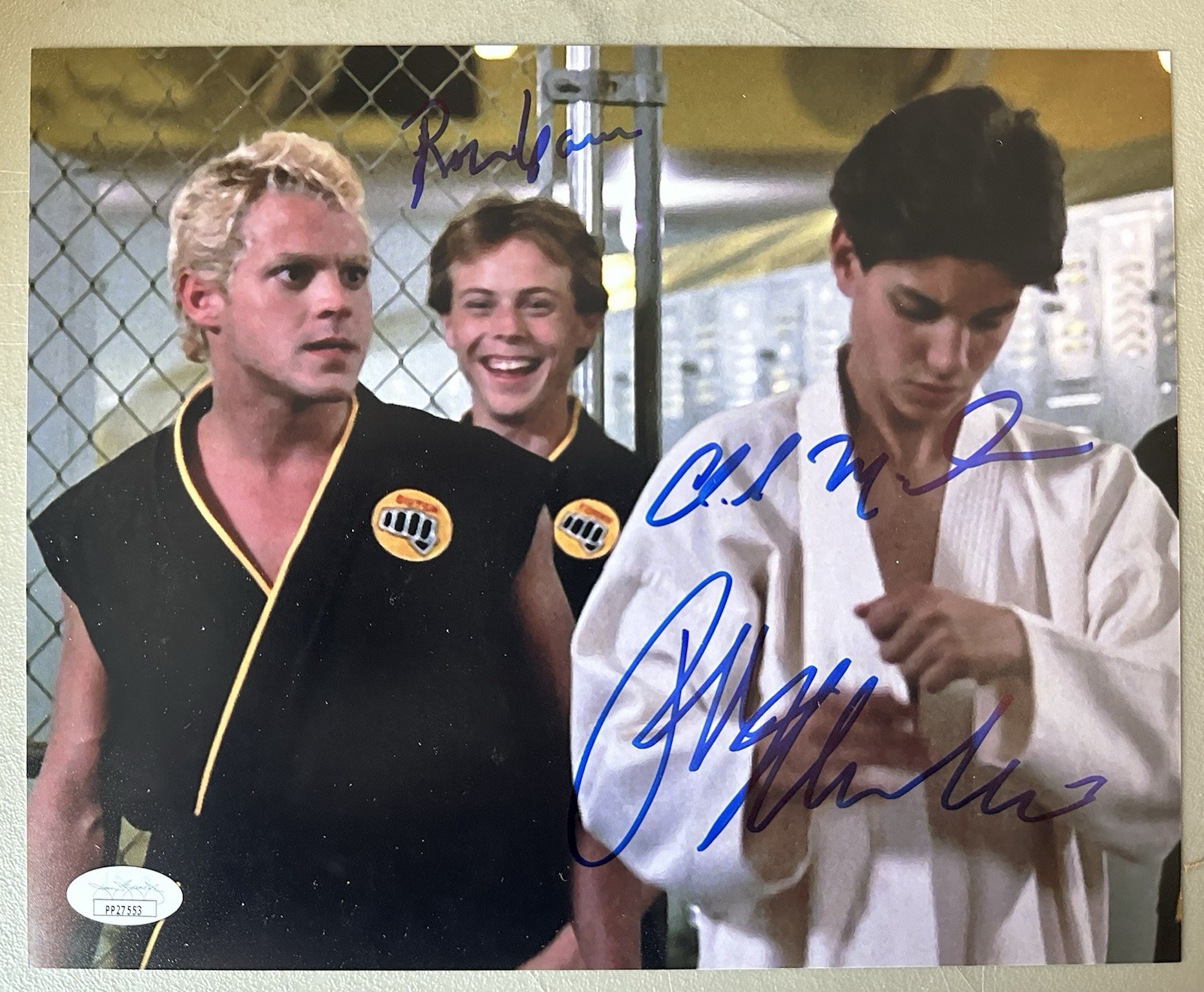 8X10 signed by Chad McQueen,Rob Garrison & Ralph Macchio in The Karate Kid. JSA