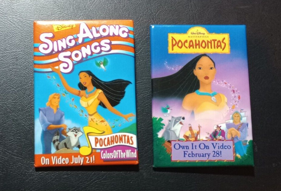 2 WALT DISNEY POCAHONTAS MOVIE PROMO BUTTON PIN BACK & sing along songs VINTAGE