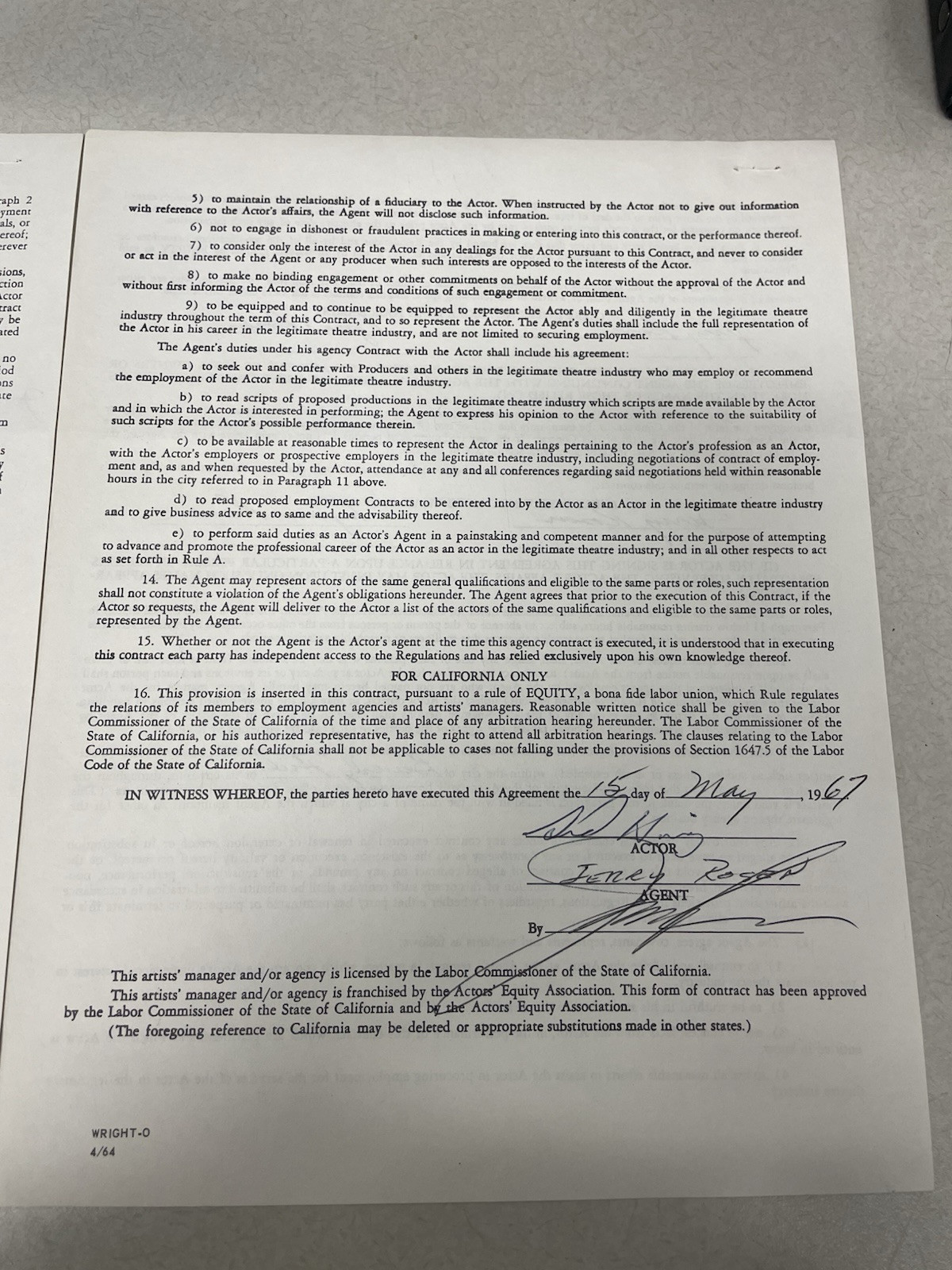 Original 1967 Sid Haig Signed Actor’s Equity Association Management Contract