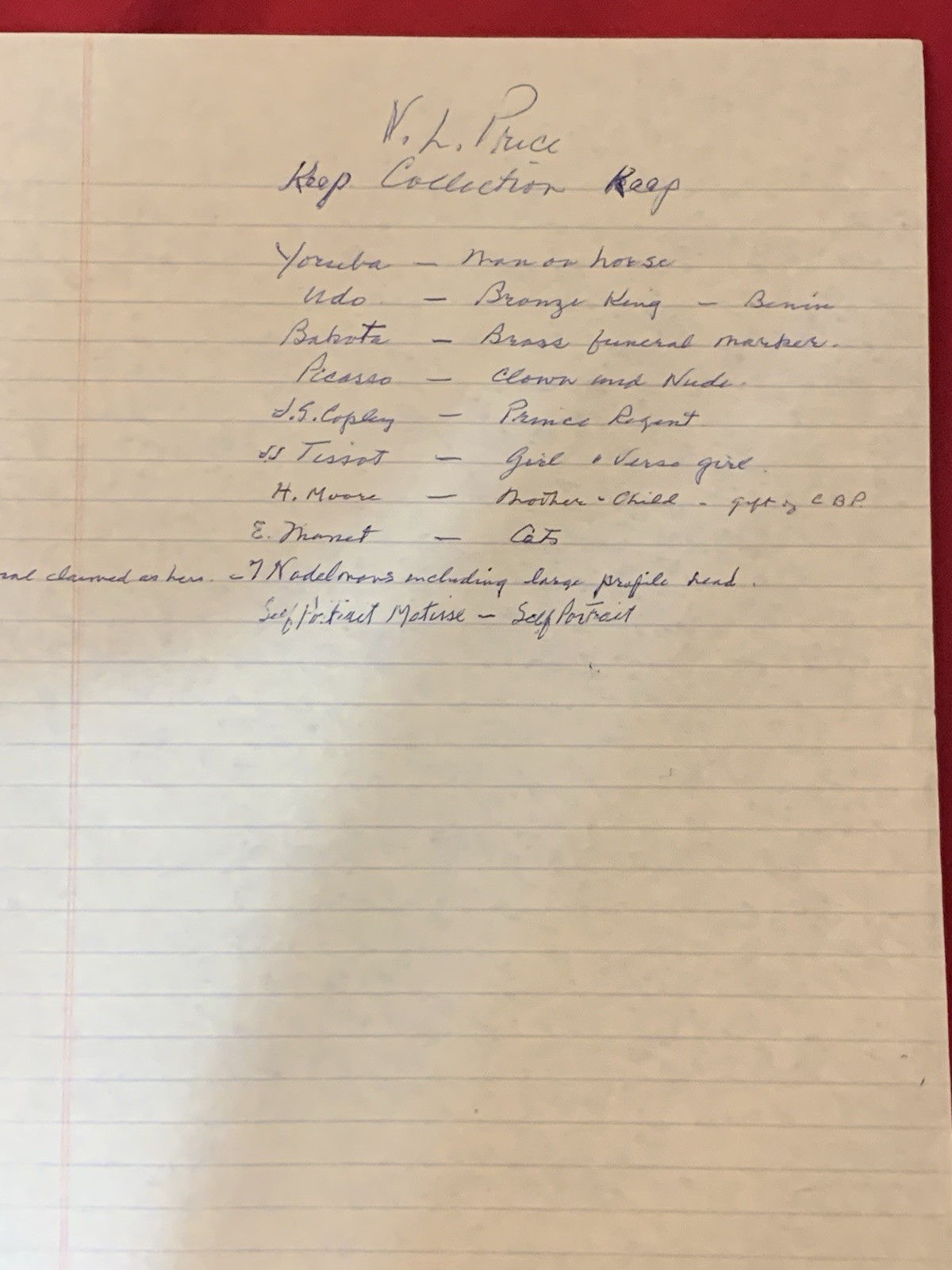 Vincent Price Estate Handwritten Art Collection List from End of Life! 42ffff