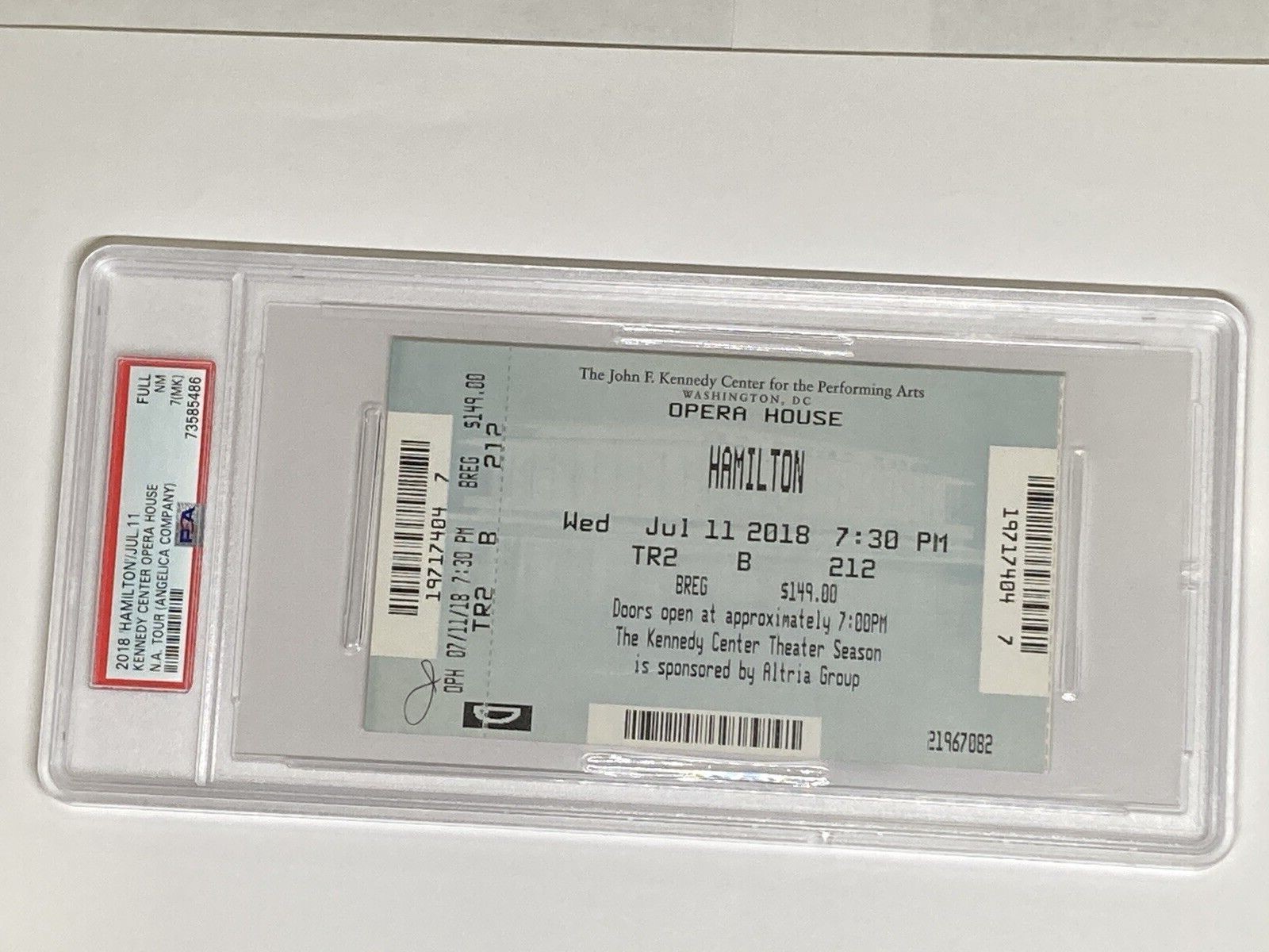 Hamilton the Musical 2018 Kennedy Center Opera House Ticket Stub PSA 7 Slab 