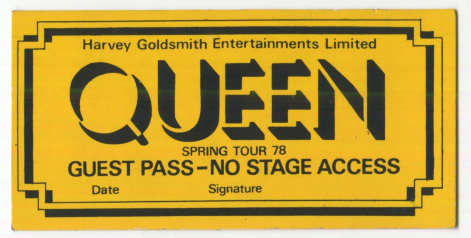 QUEEN – ULTRA RARE 1978 Unused Backstage Pass Spring Tour UK – Freddie Mercury