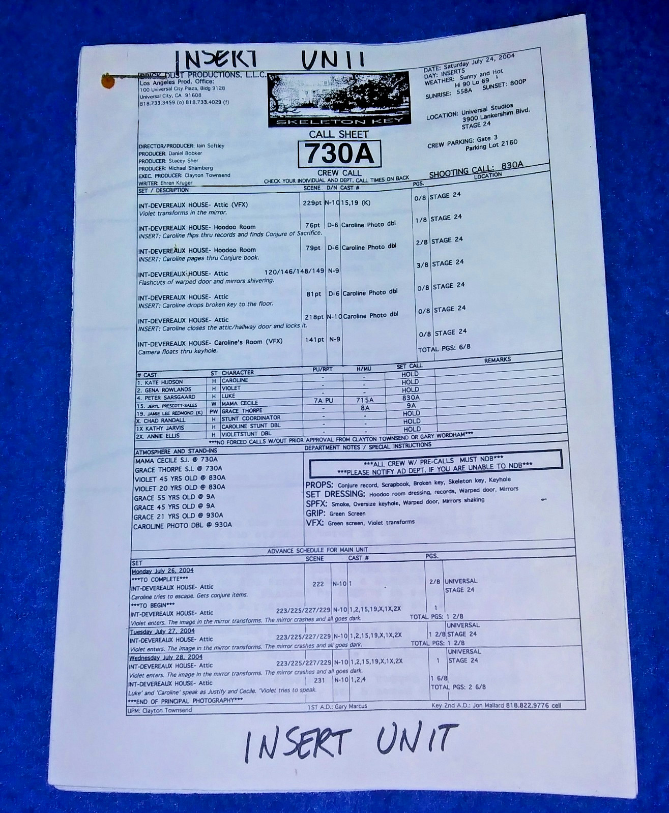 KATE HUDSON GENA ROWLANDS 05 Vintage SKELETON KEY Call Sheet + 8 Pages Of Sides