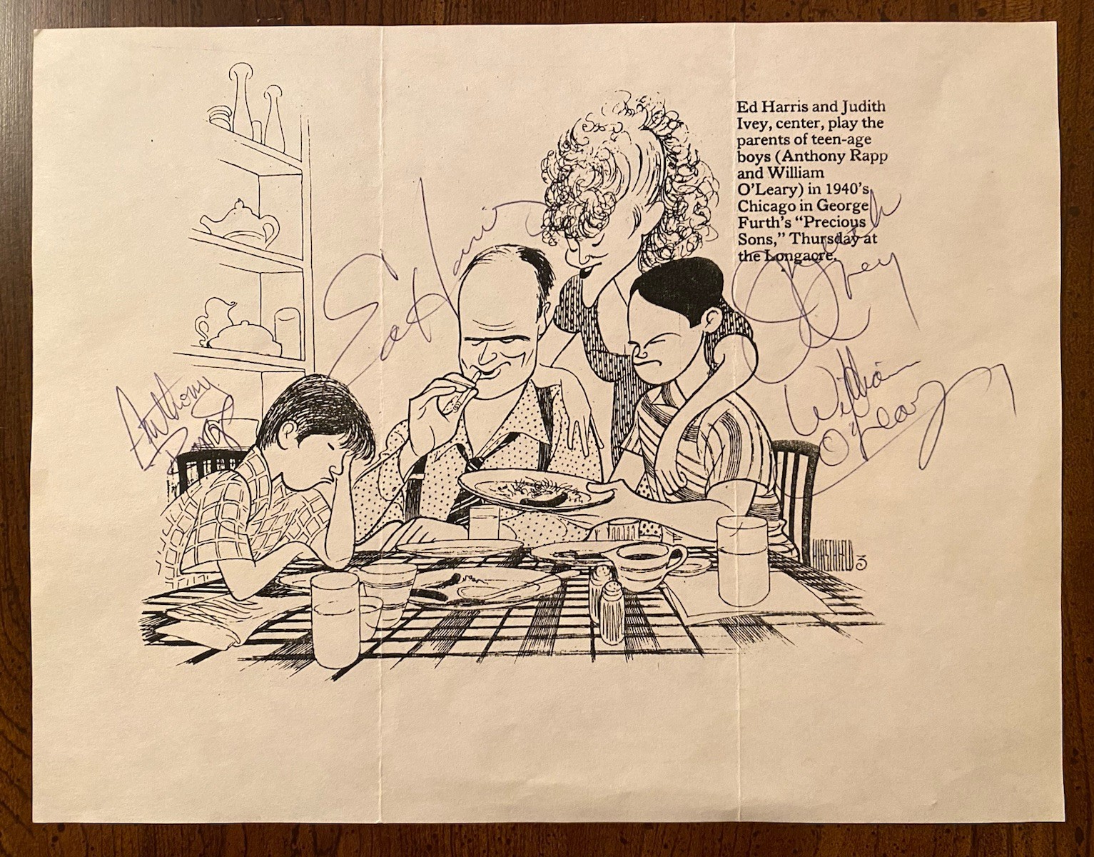 Ed Harris Judith Ivey Anthony Rapp William O’Leary Signed Hirschfeld Print All