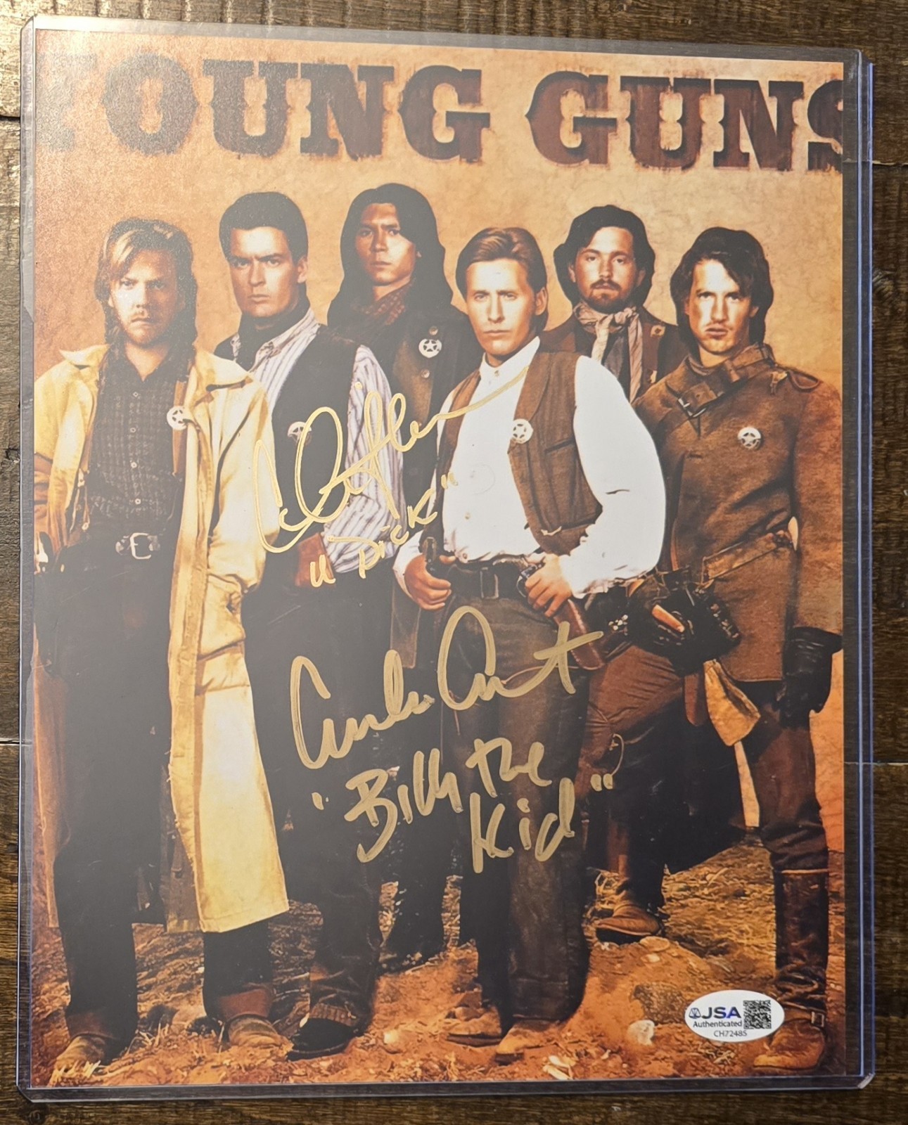 Young Guns 8×10 picture signed by Charlie Sheen with Dick inscription and Emilio