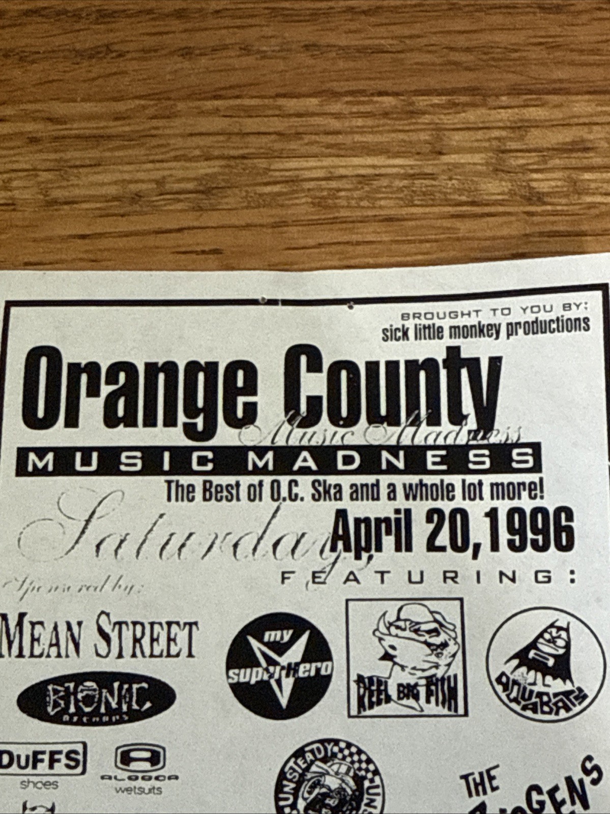 Vintage Orange County Music Madness 1996 Concert Show Flyer Ziggens RBF Unsteady