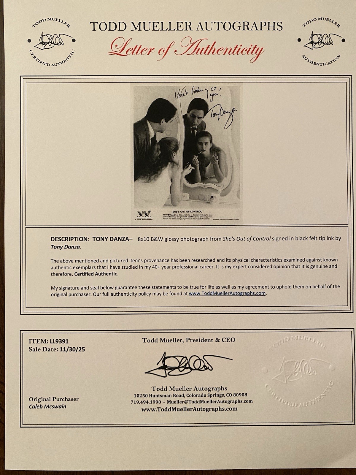 Tony Danza Signed Autographed Photo With COA She’s Out Of Control
