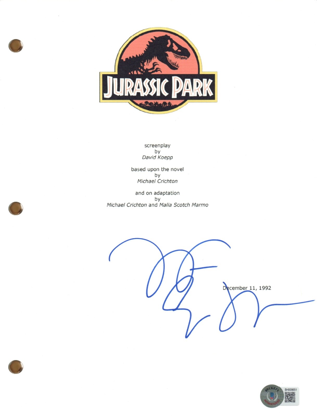 Jeff Goldblum Signed Autograph Jurassic Park Movie Script Screenplay Beckett COA