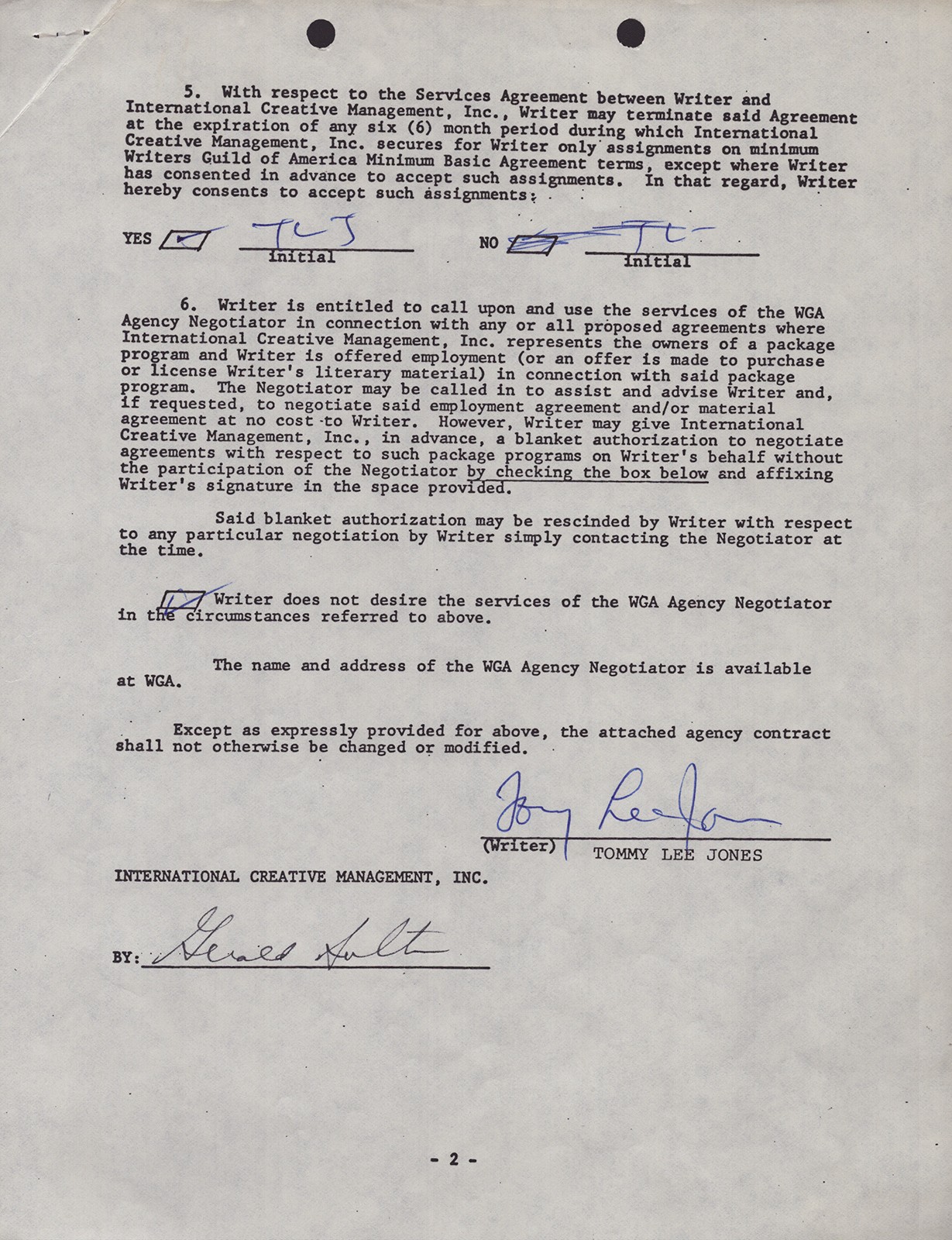 TOMMY LEE JONES – CONTRACT SIGNED 07/22/1988