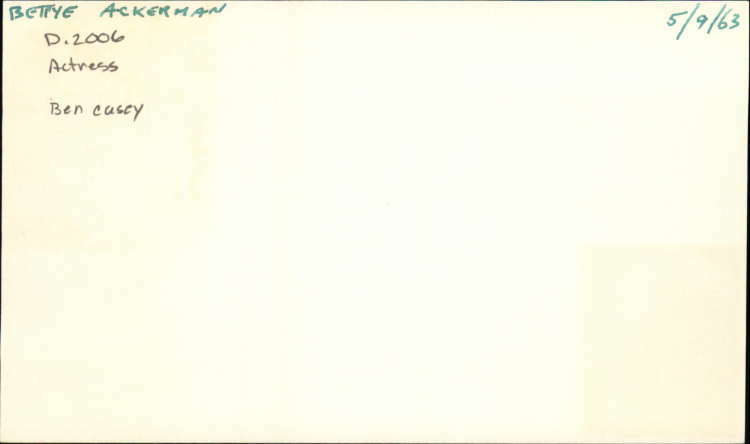 Bettye Ackerman D.2006 Actress Ben Casey Signed 3″ x 5″ Index Card