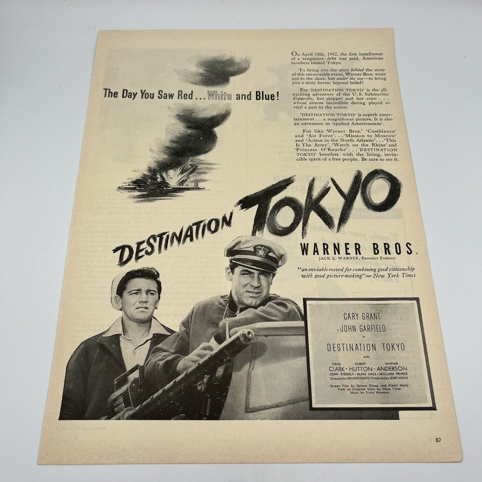 1944 Destination Tokyo Movie Vintage Print Ad 10″x14″ Cary Grant John Garfield