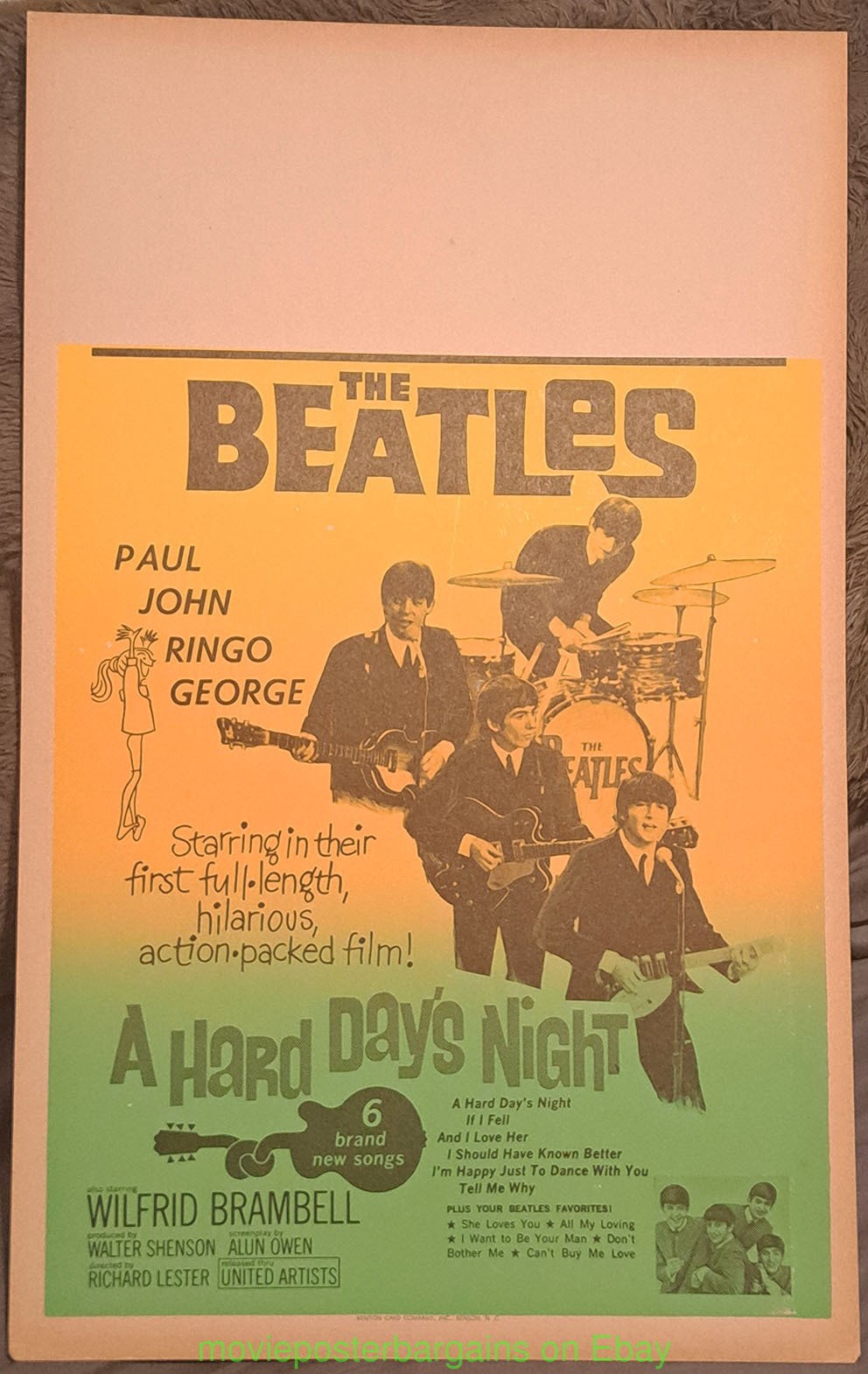 THE BEATLES A HARD DAY’S NIGHT MOVIE POSTER 14×22 In WINDOW CARD Benton Card Co.
