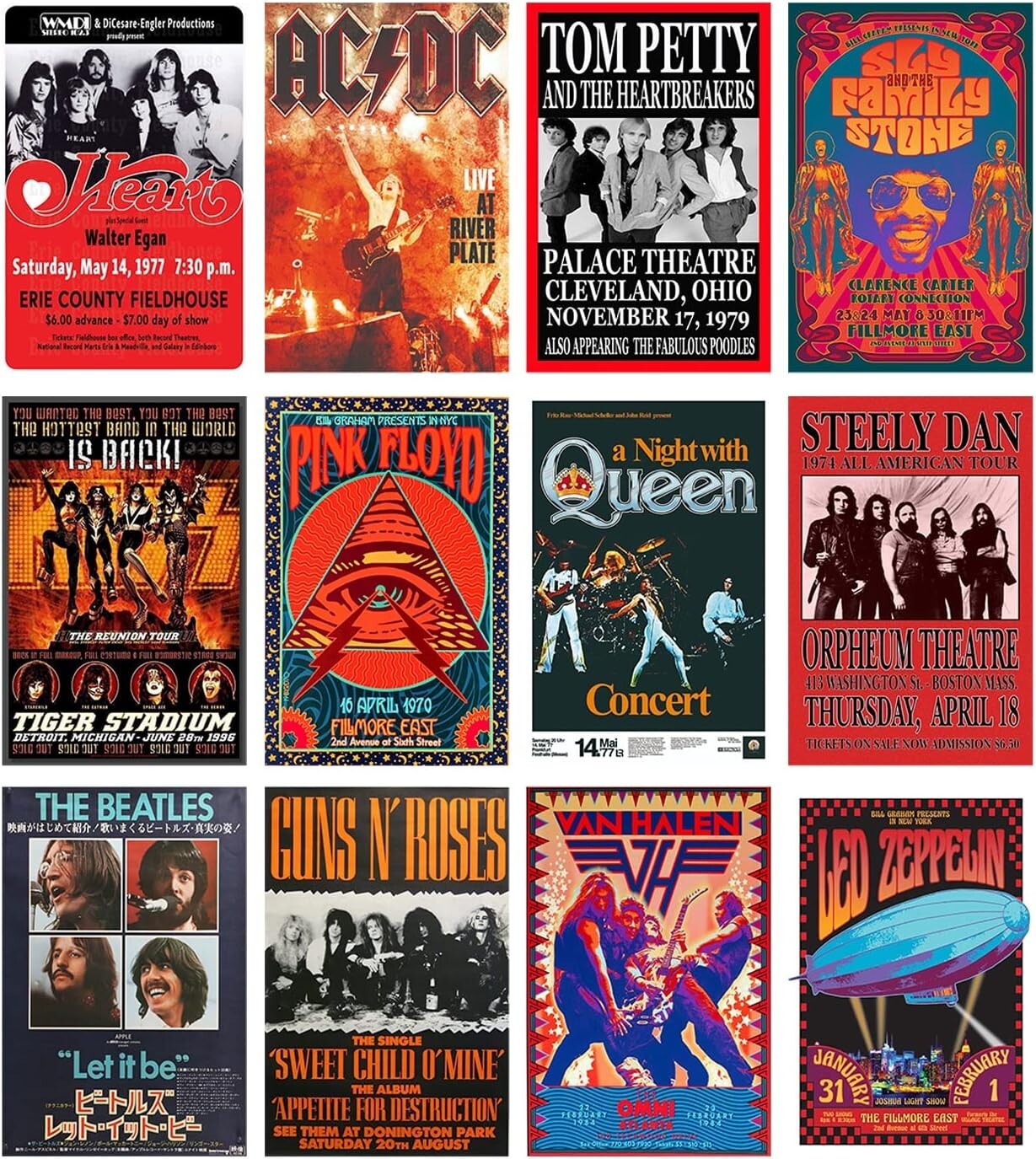 Set of 12 Vintage Rock Band Posters – 7.8×11.8 Retro Wall Art for Music Lovers