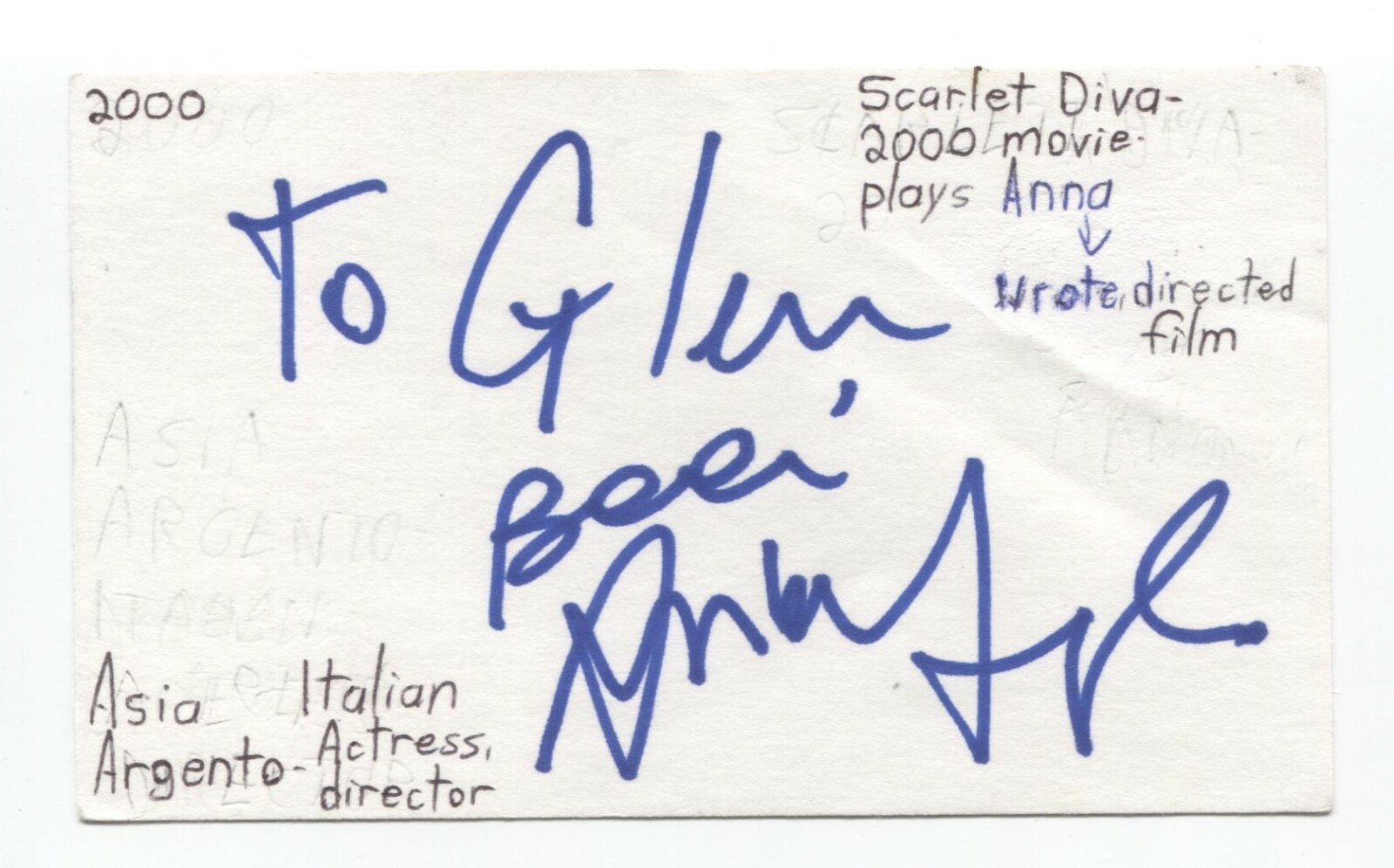 Asia Argento Signed 3×5 Index Card Autographed Actress Signature Director