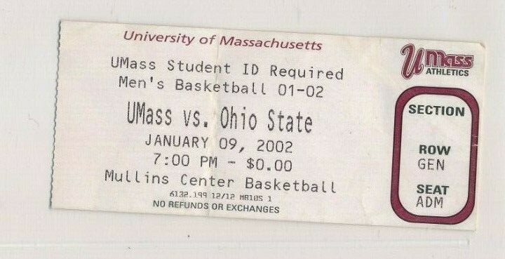 January 9 2002 Umass vs Ohio State Basketball Ticket stub Mullins Center