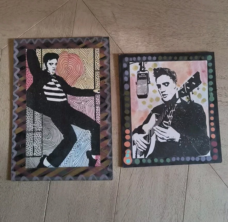 Lot Of 2 Original Elvis Presley Mixed Media Art Pieces / Rockabilly / Kitsch Art