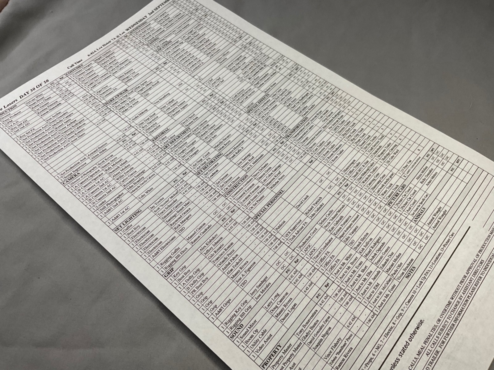 THE LOSERS Call sheet day 30 of 50, with location maps, ZOE SALDANA, IDRIS ELBA