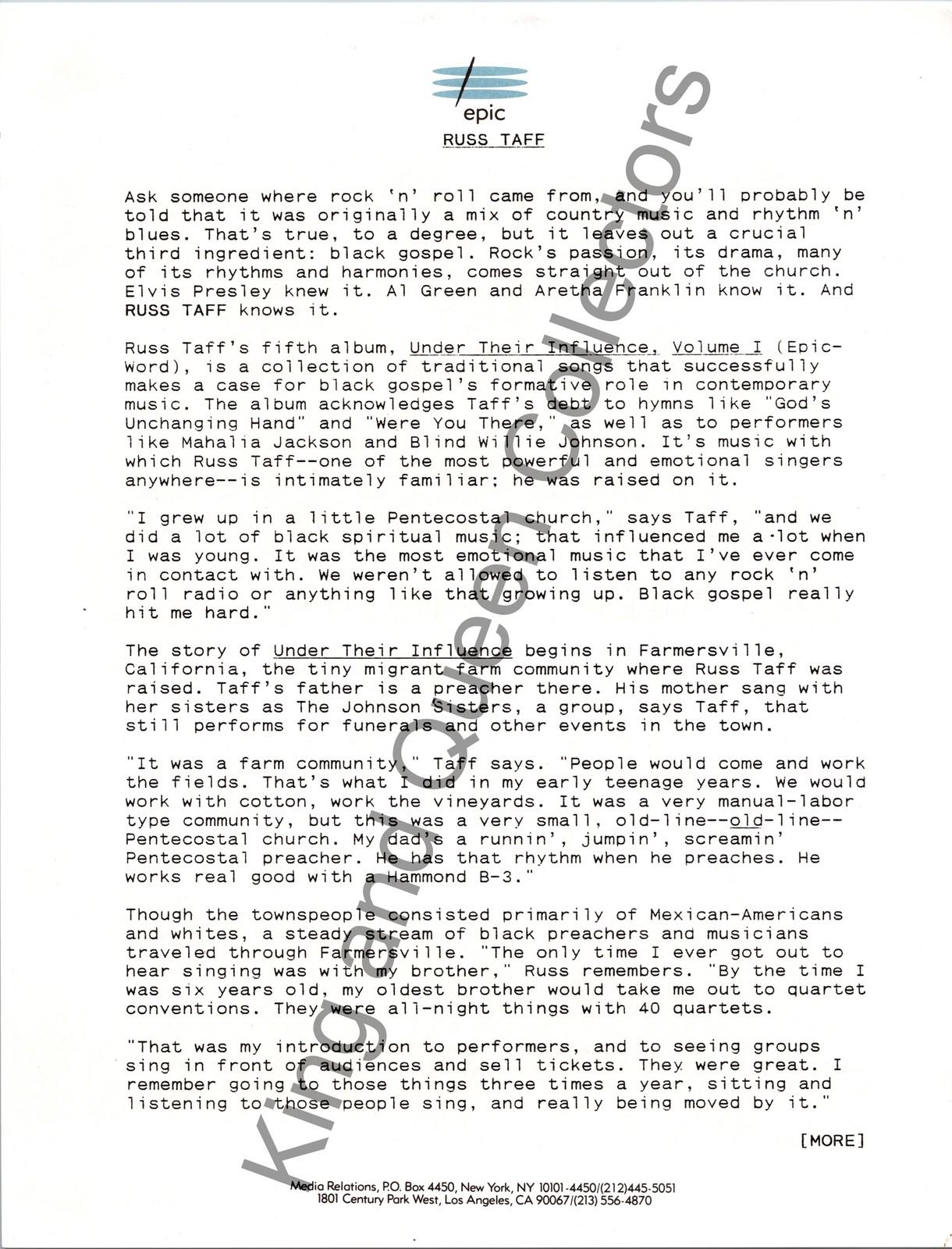 Russ Taff Original Epic Records Press Kit Album Information Sheet Under Their