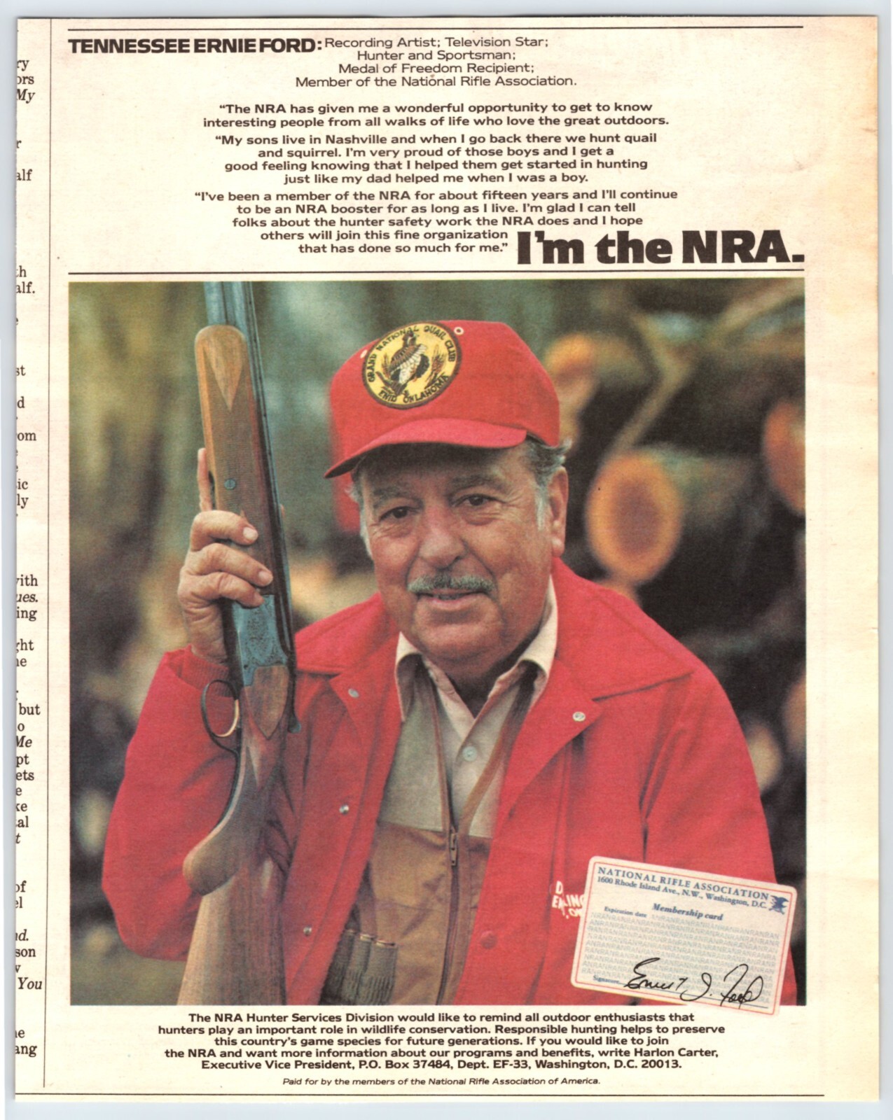 TENNESSEE ERNIE FORD I’M THE NRA 7.5″x10″ 1980’s Country Music Magazine Ad M682