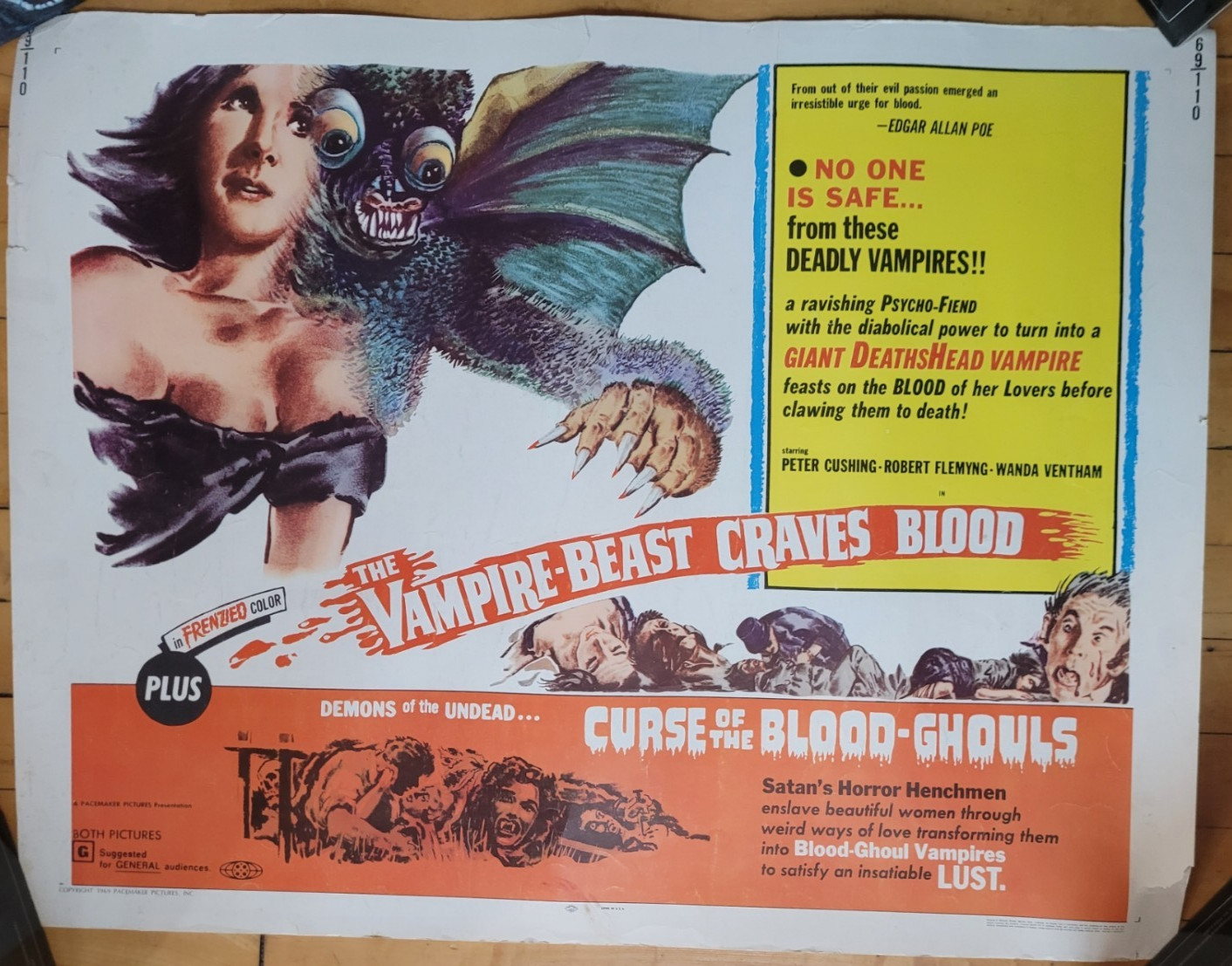 Vampire Beast Craves Blood/Blood Ghouls rare half sheet movie poster