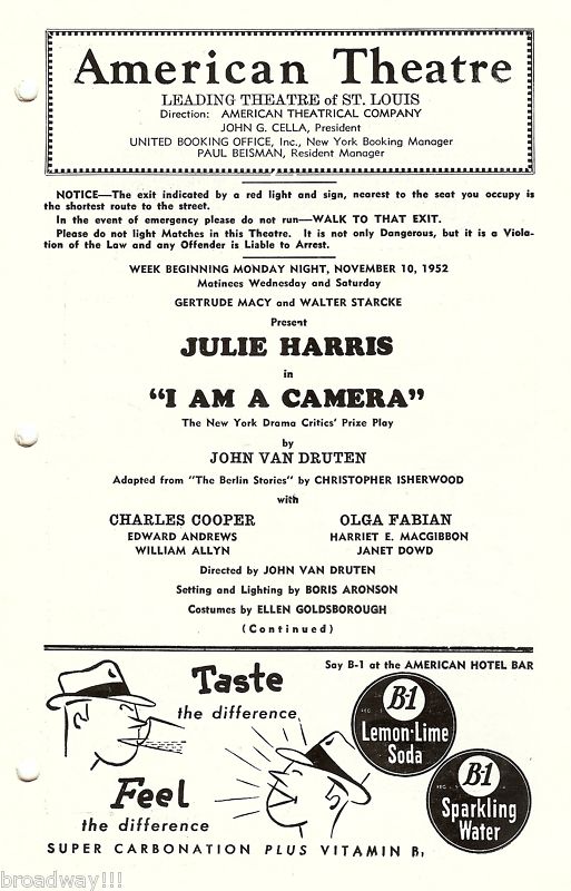 Julie Harris “I AM A CAMERA” Christopher Isherwood 1952 St. Louis Playbill